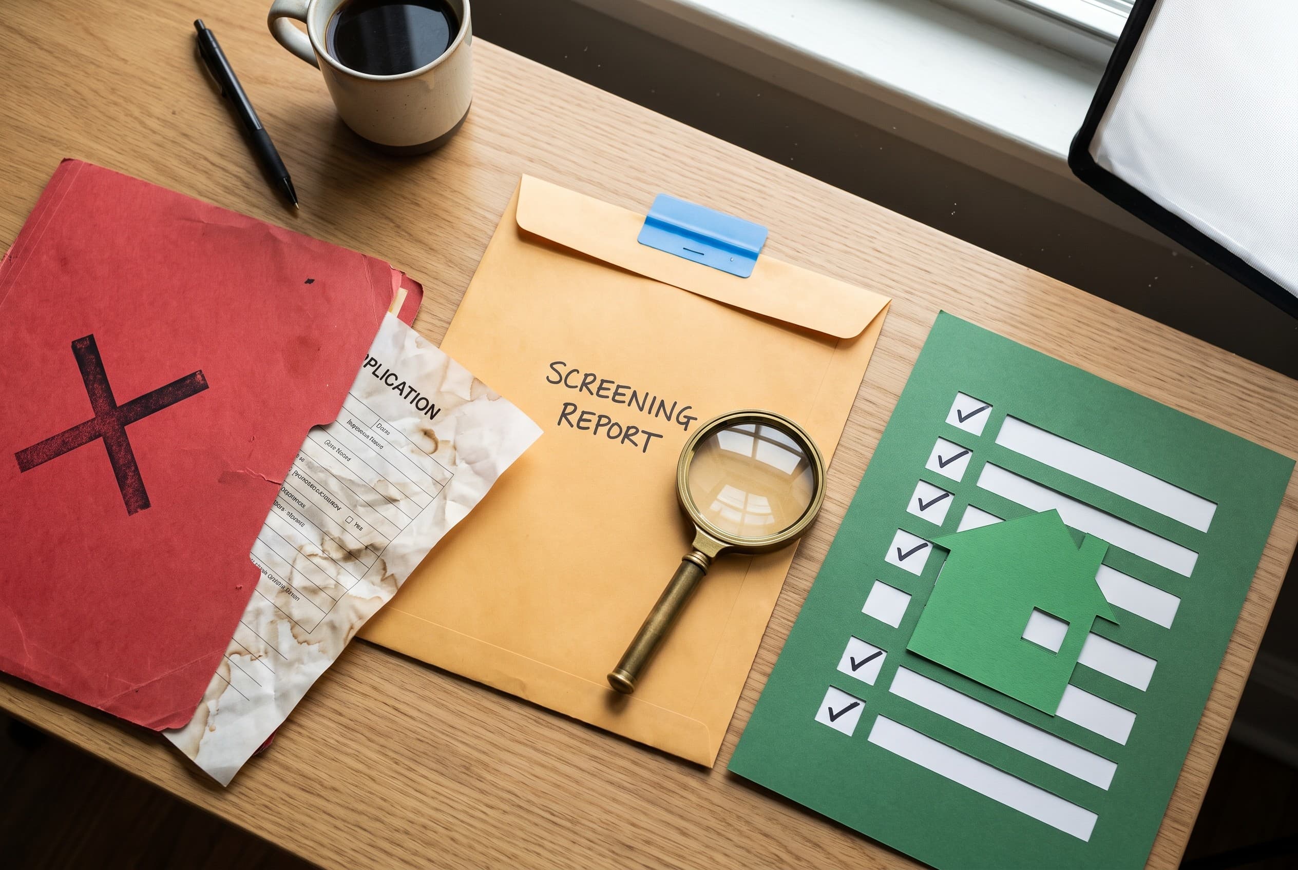 Top-down flat-lay photo on a light wood table showing the story of a rental denial. On the left, a red folder stamped with a