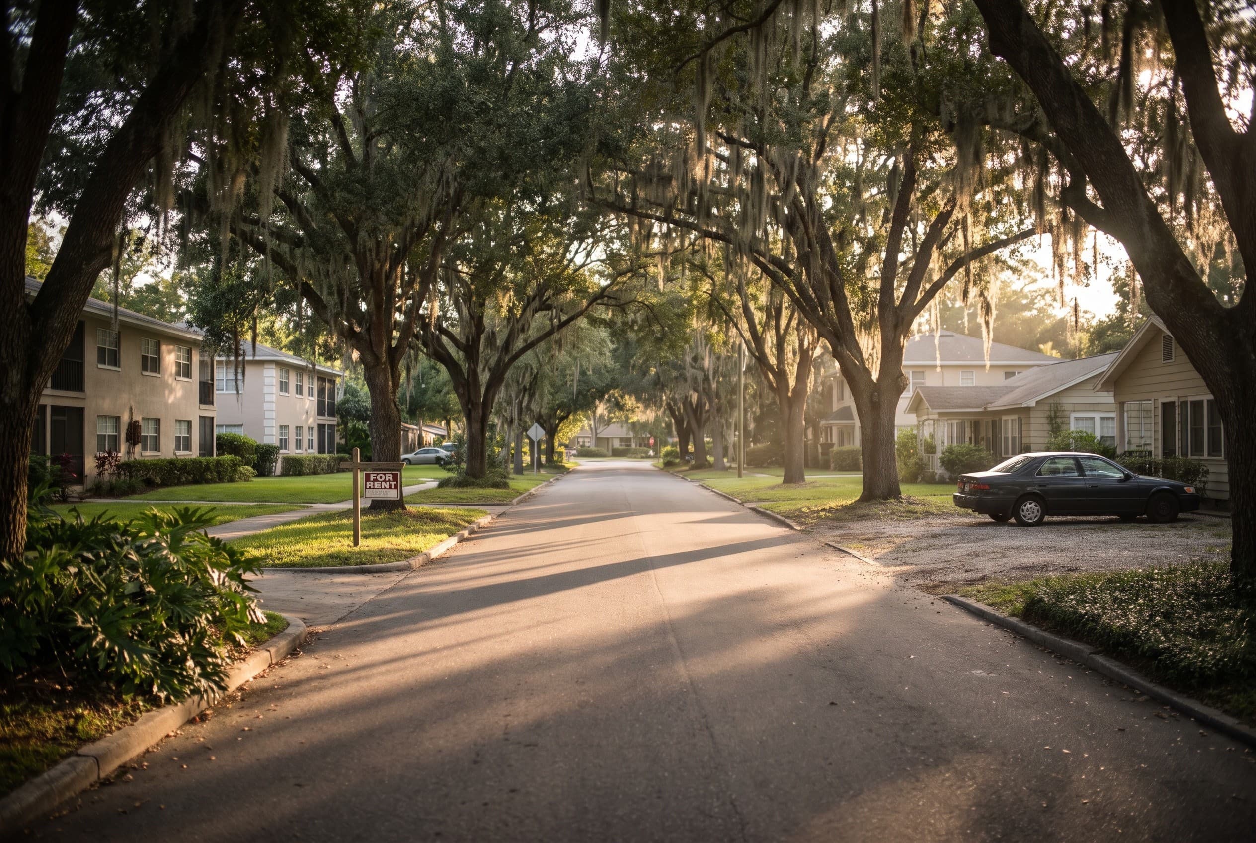 A quiet tree-lined residential street just off Park Avenue in Winter Park at golden hour, live oaks draped in Spanish moss ar