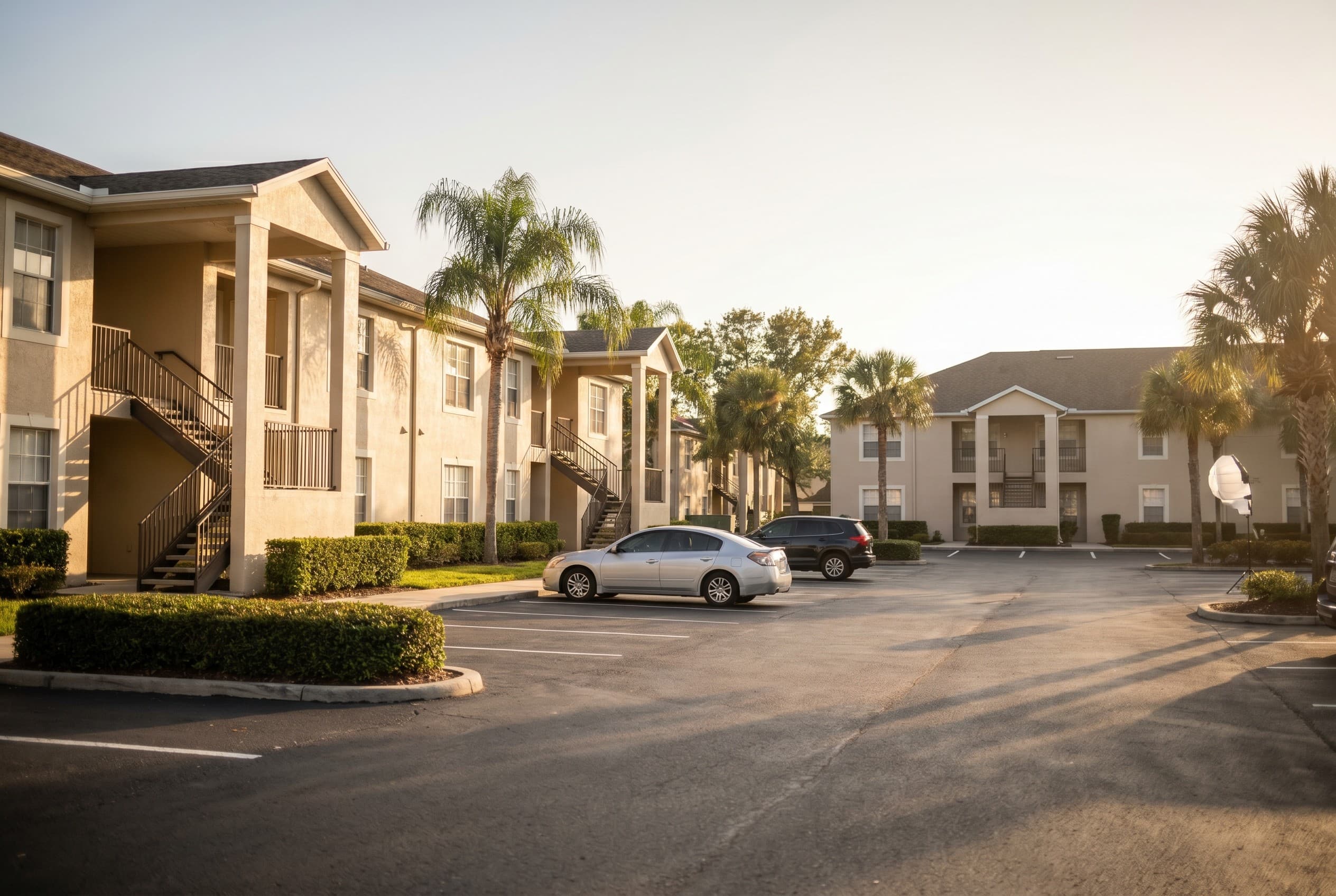 A row of mid-tier garden-style apartment buildings in the Kissimmee area at golden hour, two and three stories with exterior