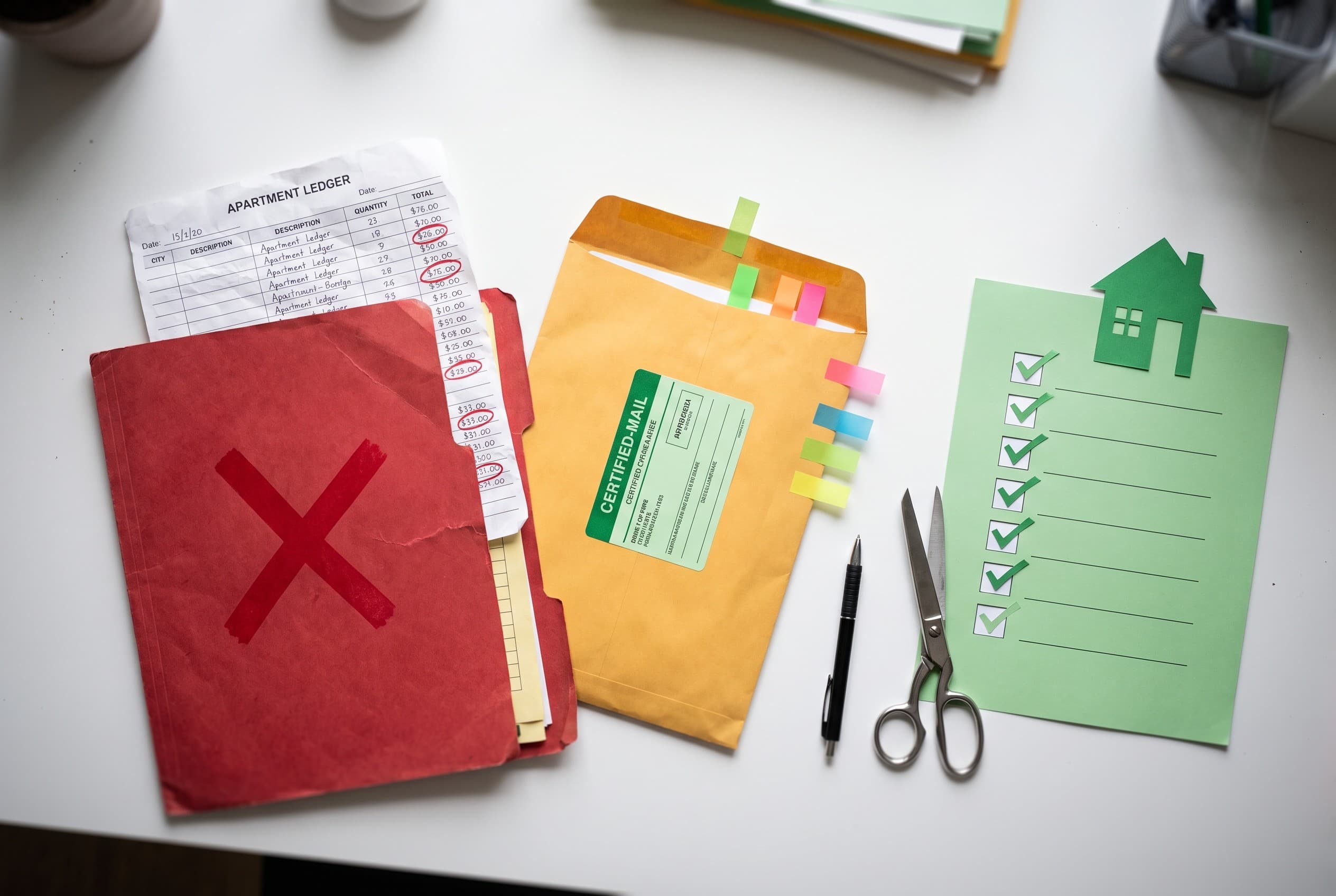 Top-down flat-lay photo on a clean white desk showing a rental dispute concept. On the left, a red folder stamped with a larg