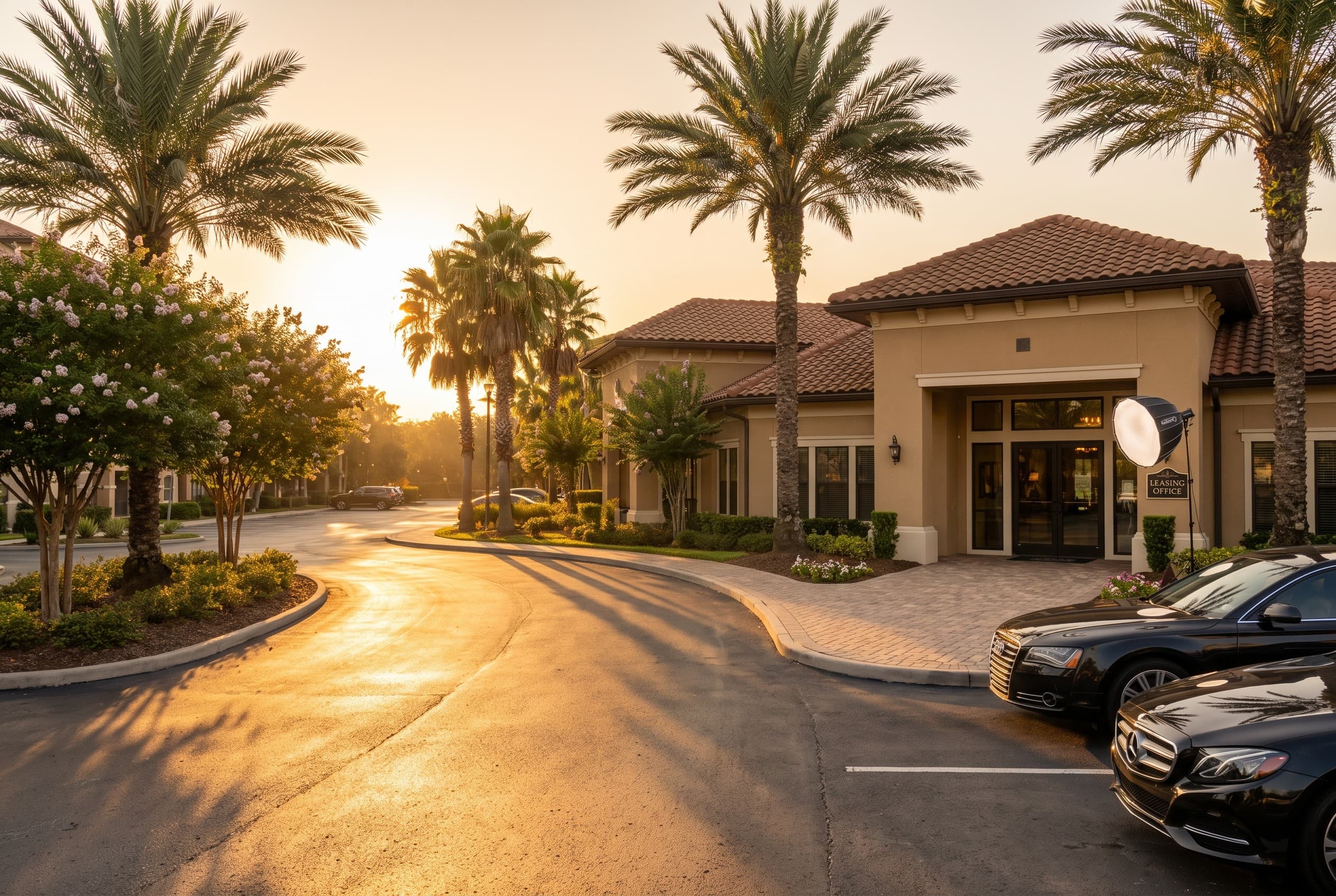 A quiet upscale apartment complex entrance in Lake Mary at golden hour, shot from the parking lot looking toward a leasing-of