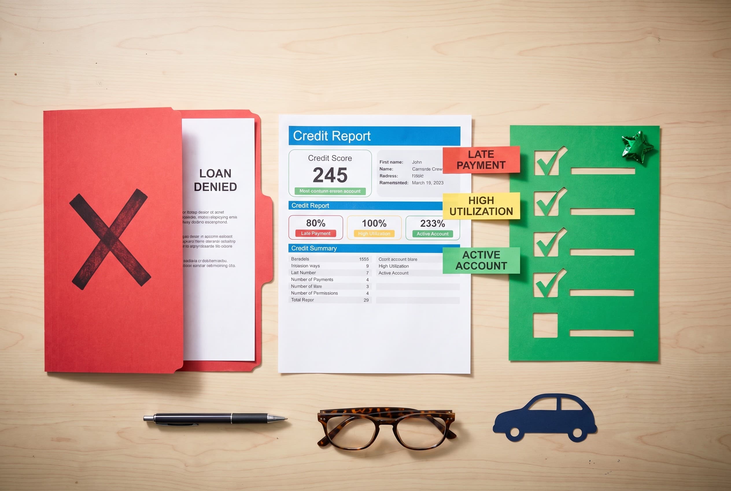 Top-down flat-lay photo of a clean light-wood desk showing the review process for a denied car loan. On the left, a red folde