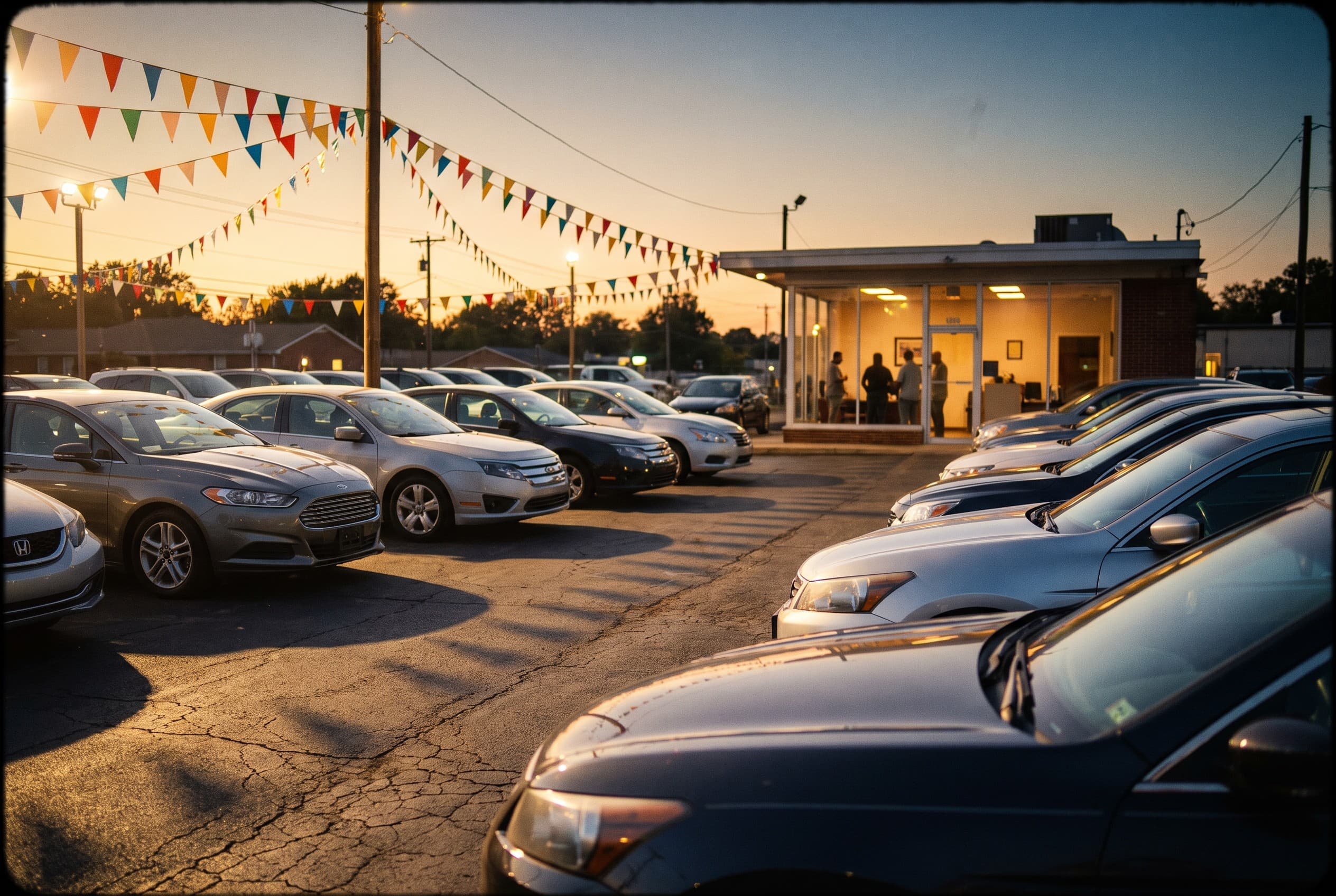 A used-car dealership lot at golden hour in an everyday American suburb, shot from the edge of the lot looking across rows of