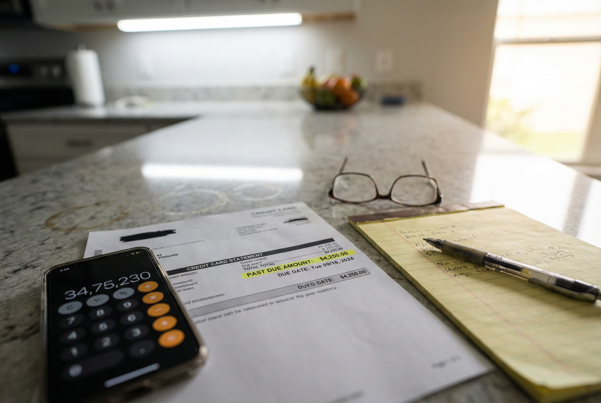 Close-up overhead shot of a kitchen counter in a Florida home showing a credit card statement with a highlighted past-due bal