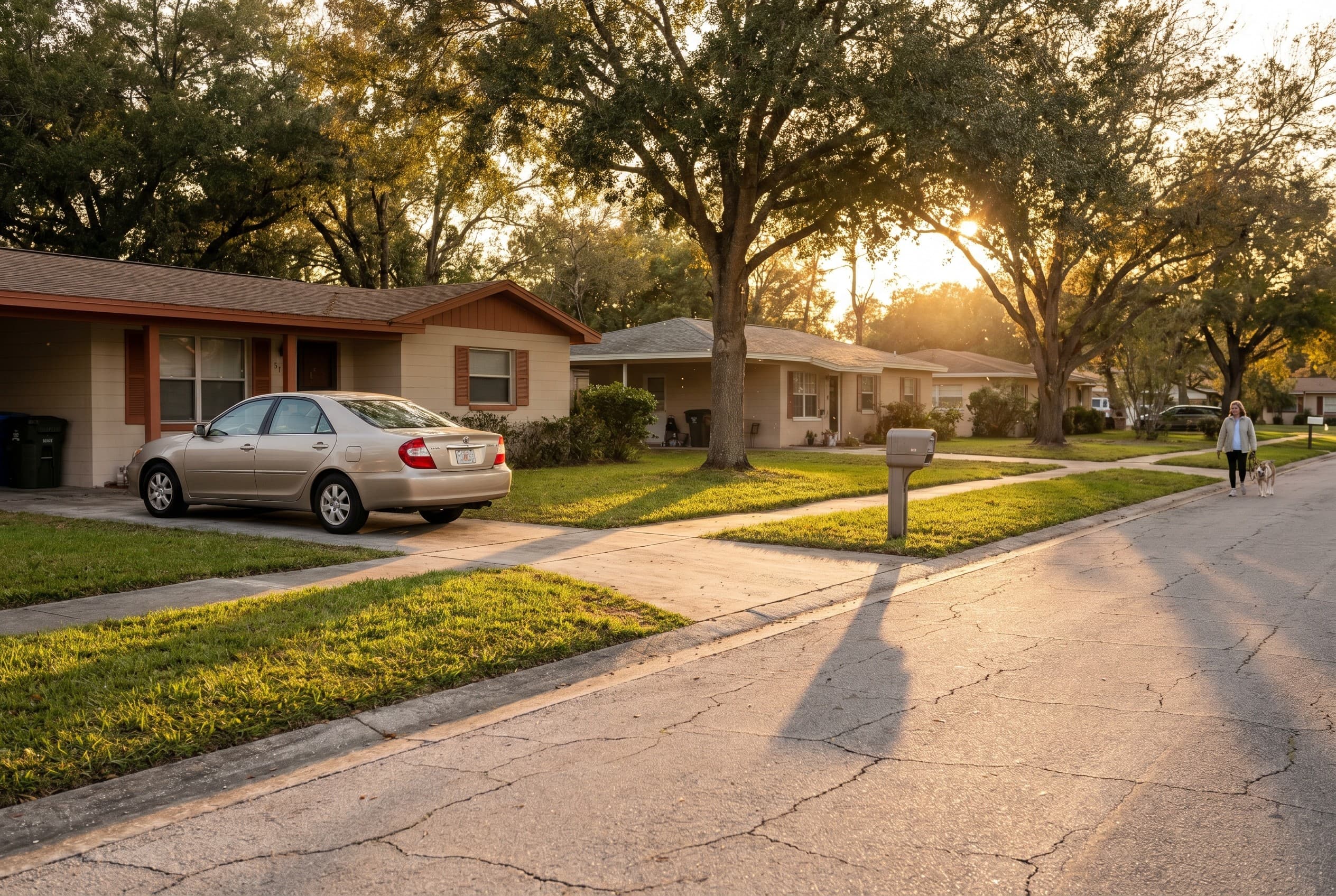 A quiet suburban residential street in the Conway neighborhood of Orlando at golden hour, lined with modest single-story ranc