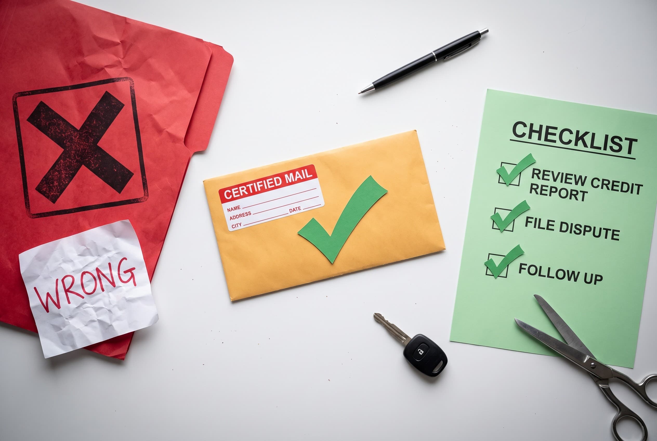 Top-down flat-lay photo on a clean white desk explaining a credit dispute. On the left, a red folder with a bold stamped X sh