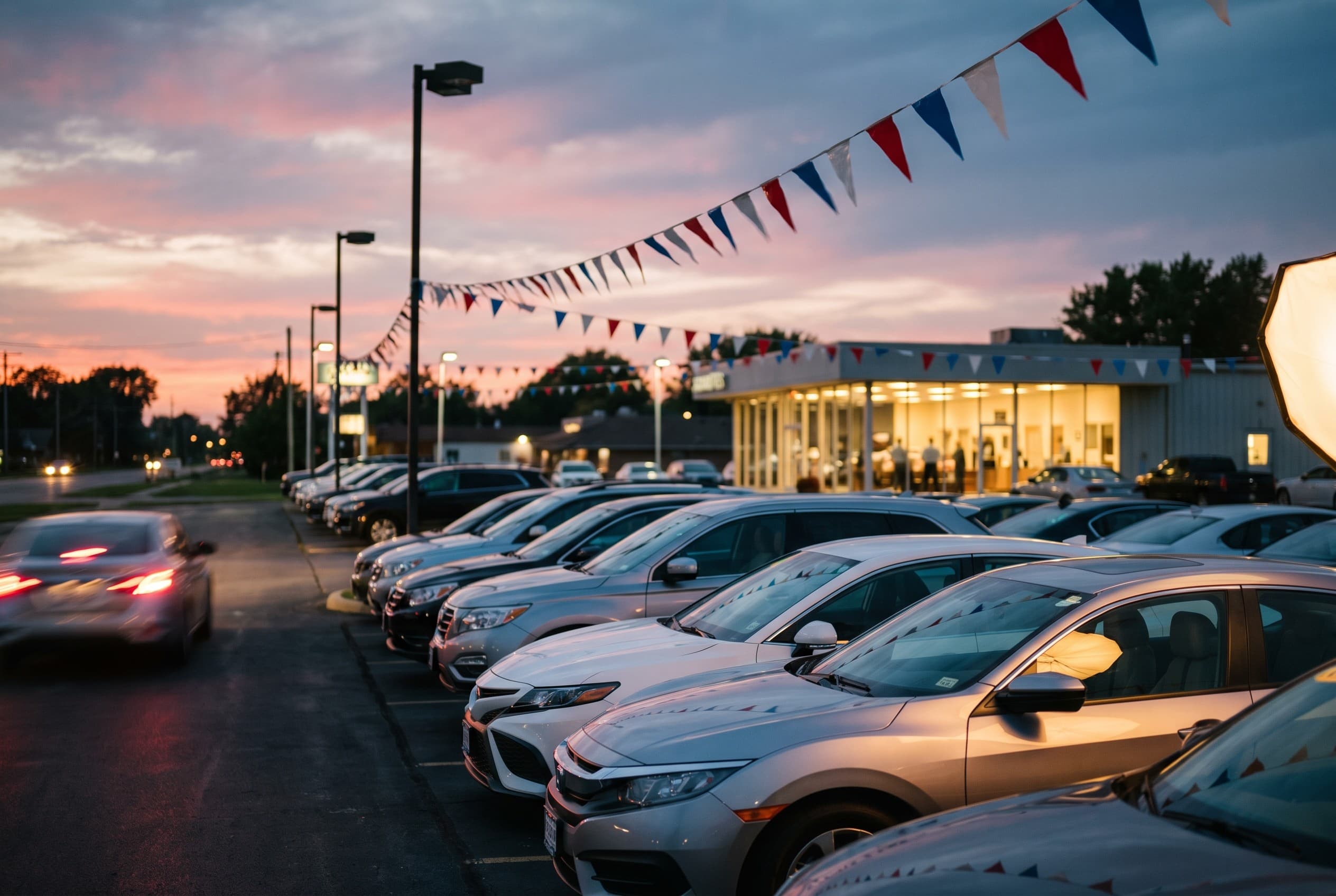 A used-car dealership lot at dusk in an anonymous American suburb, shot from the edge of the lot looking across rows of clean