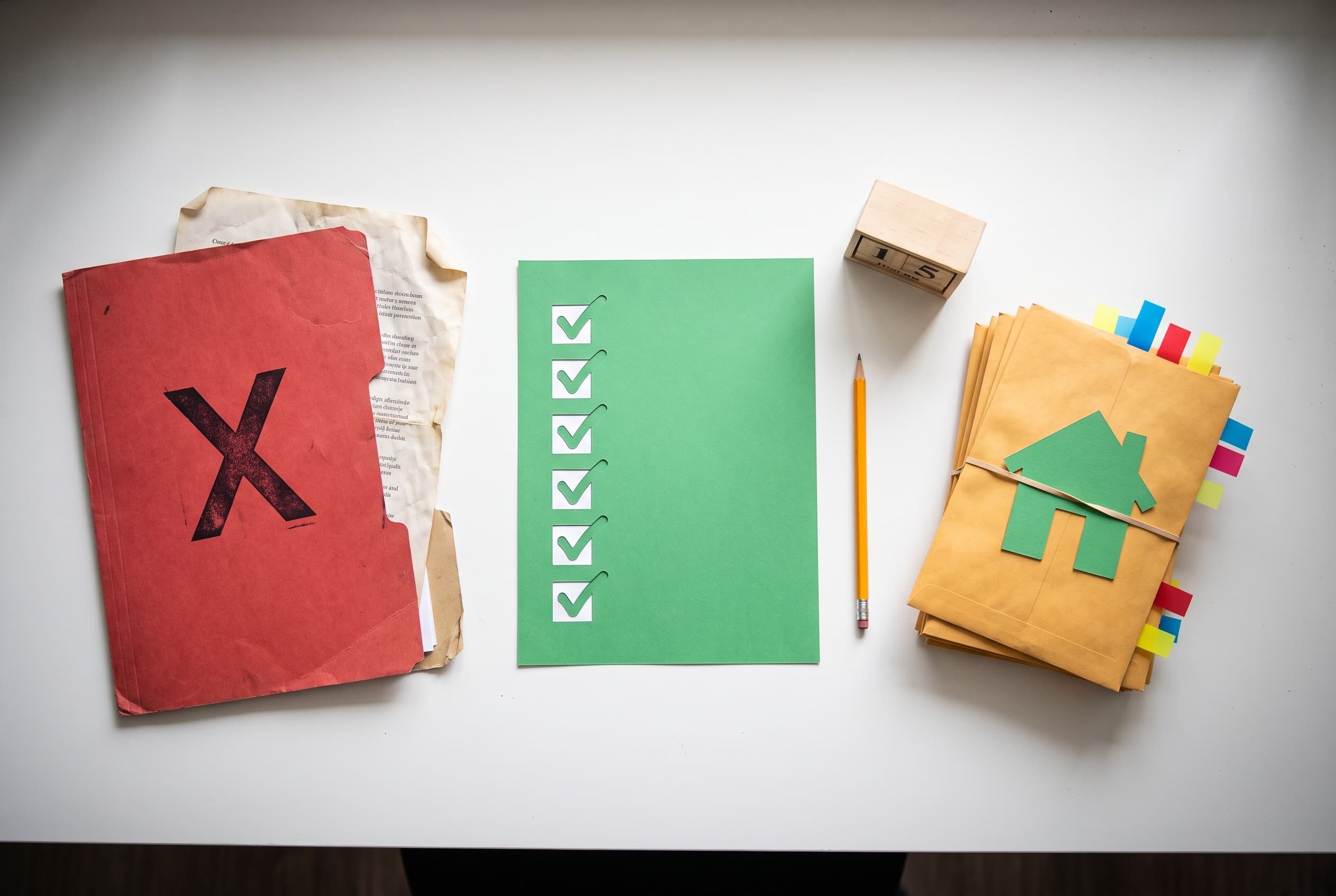 Top-down flat-lay photo on a clean white desk explaining a mortgage credit timeline. On the left, a red folder stamped with a
