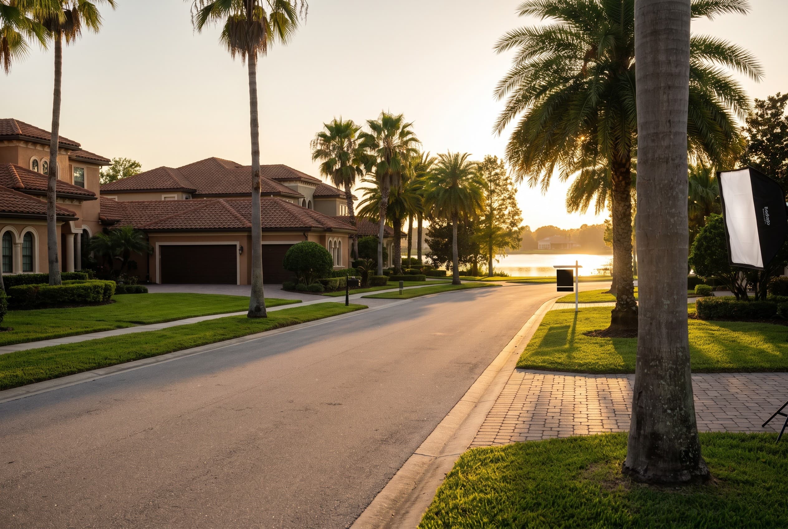 A quiet upscale residential street in Windermere at golden hour, lined with mature palms and manicured lawns. Large Mediterra