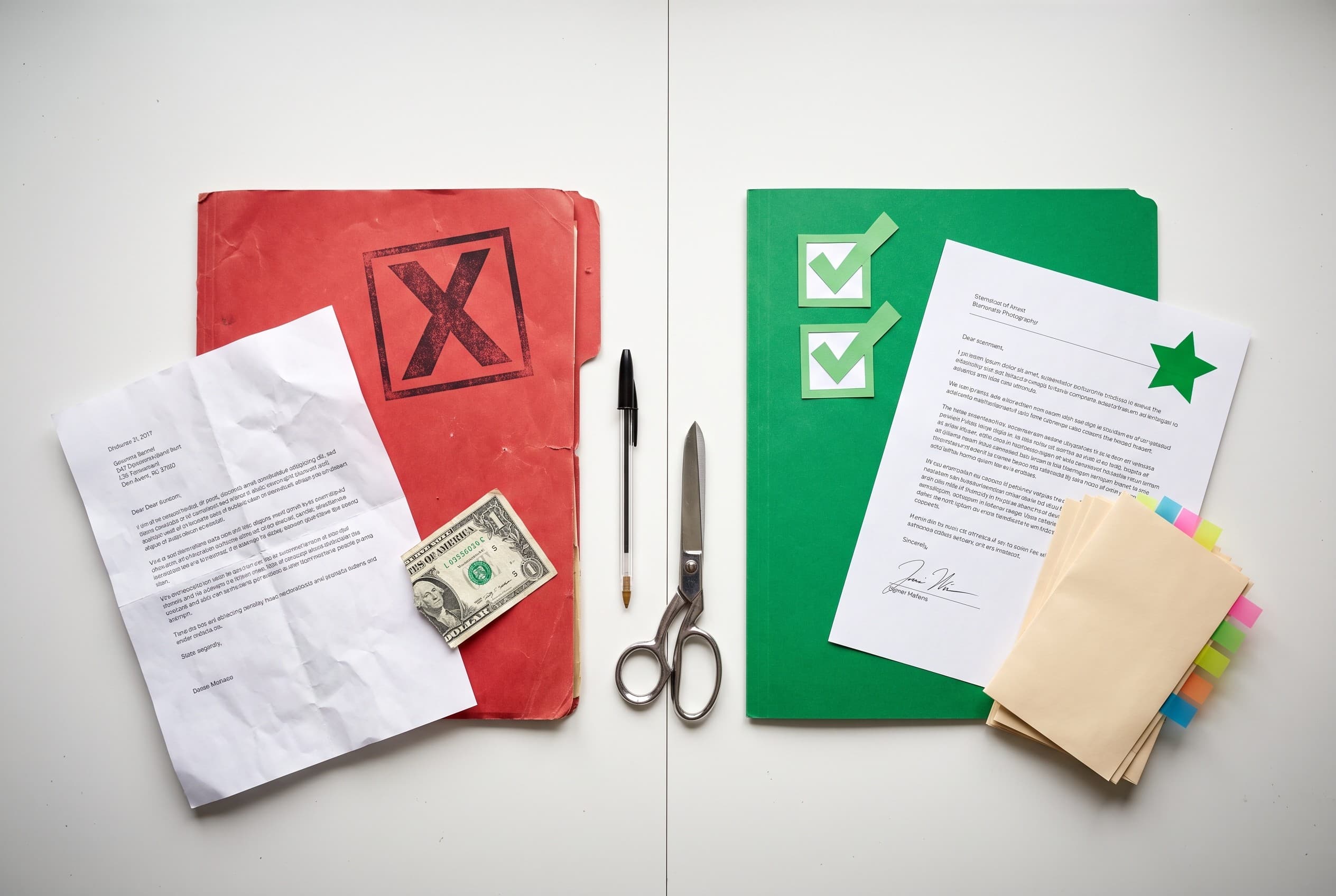 Top-down flat-lay photo of a clean white desk split into two sides. On the left, a red folder stamped with a large X, a crump