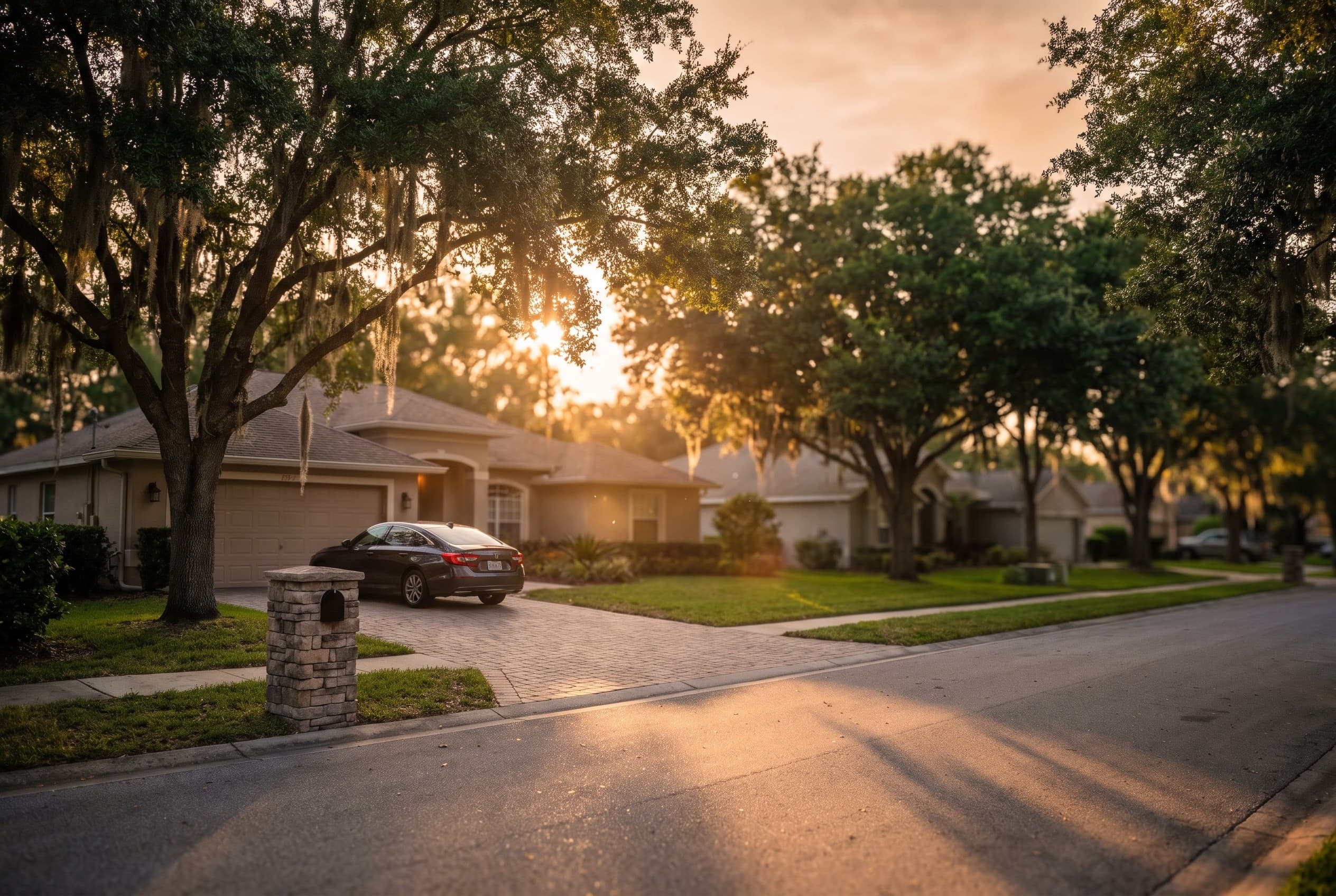 A quiet upscale residential street in Windermere, Florida at golden hour, lined with mature oak trees and manicured lawns. A