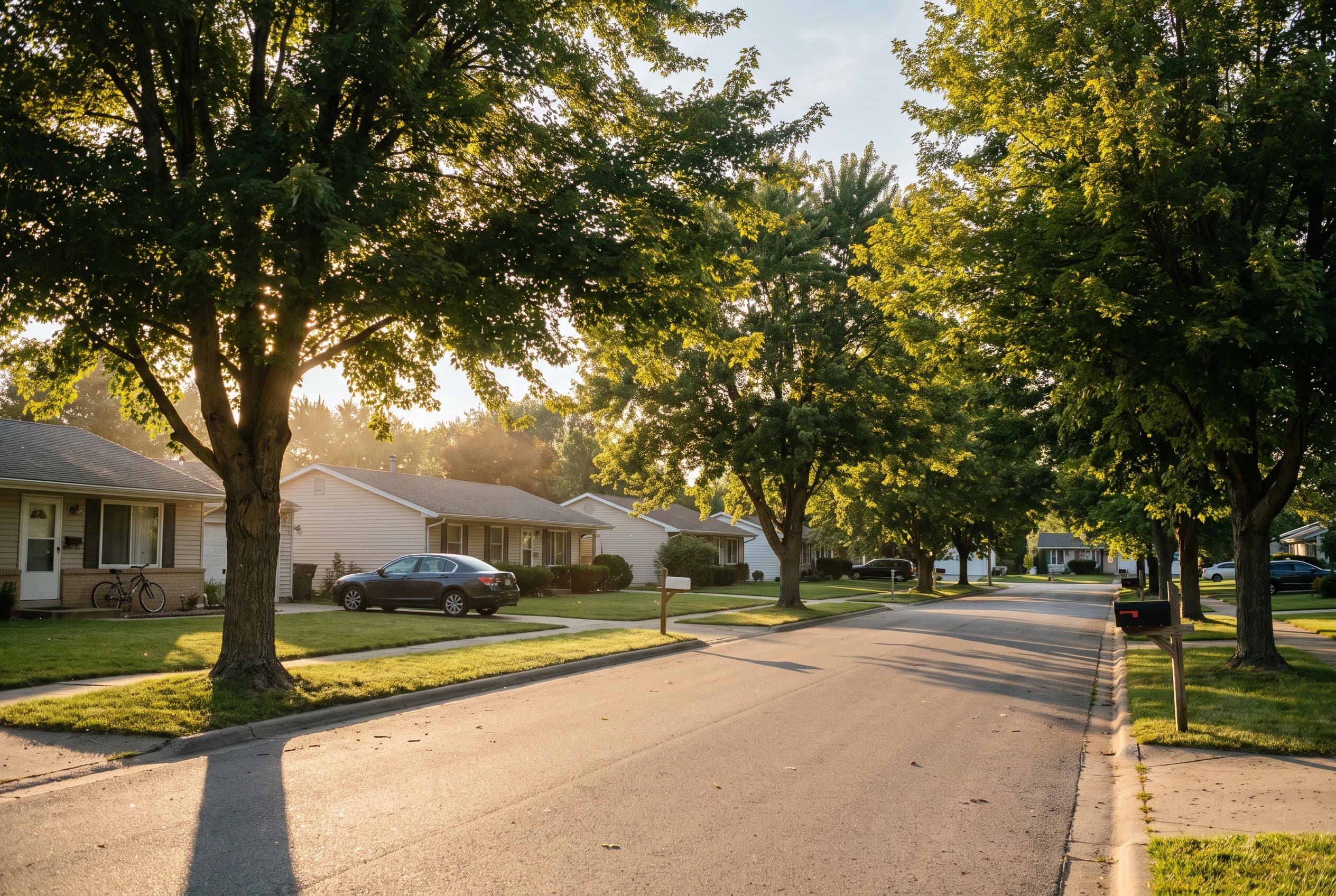 A quiet American suburban street at golden hour, lined with maple trees and modest single-story homes with well-kept lawns an
