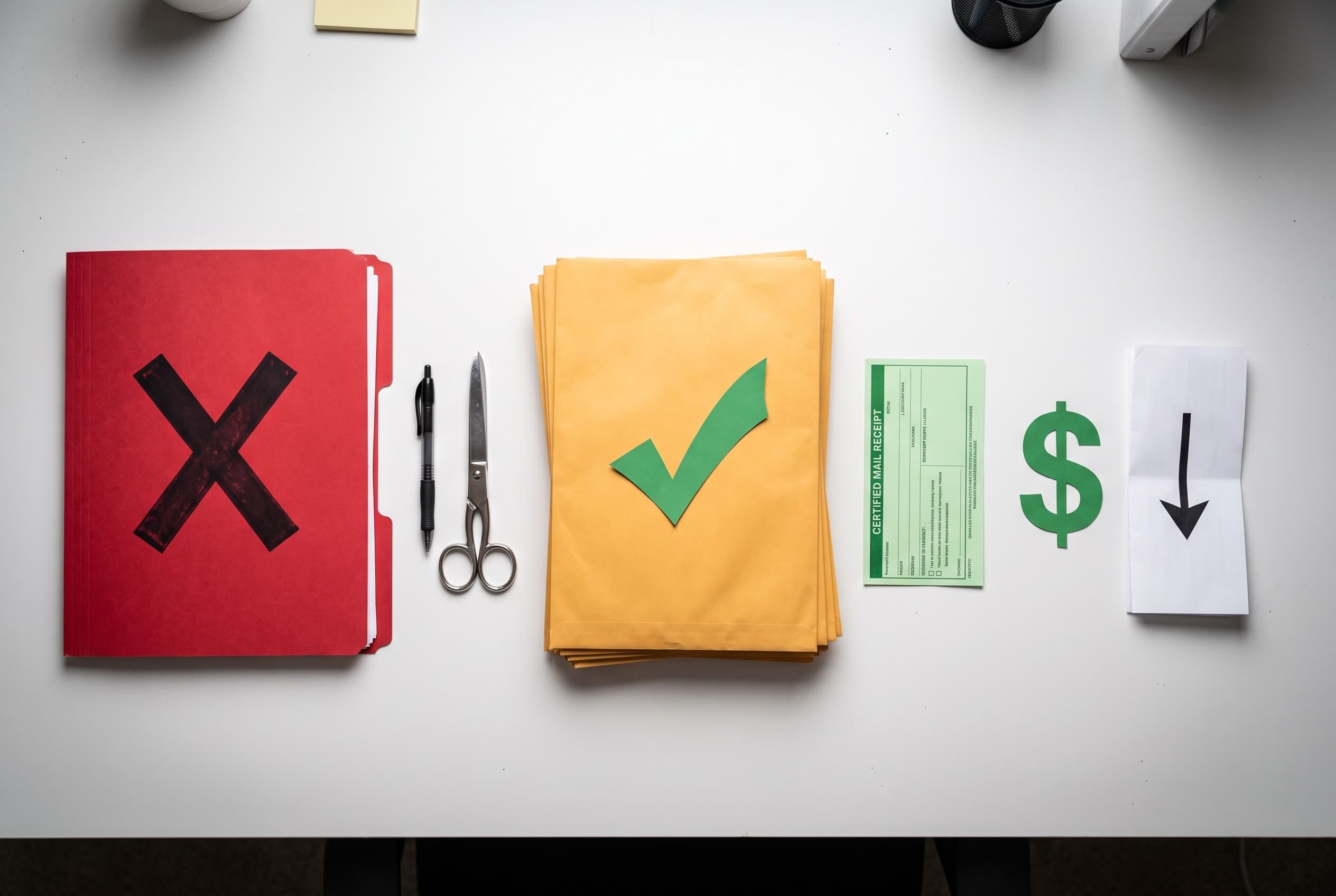 Top-down flat-lay photo on a clean white desk showing three distinct paper stacks arranged left to right to compare paths. On