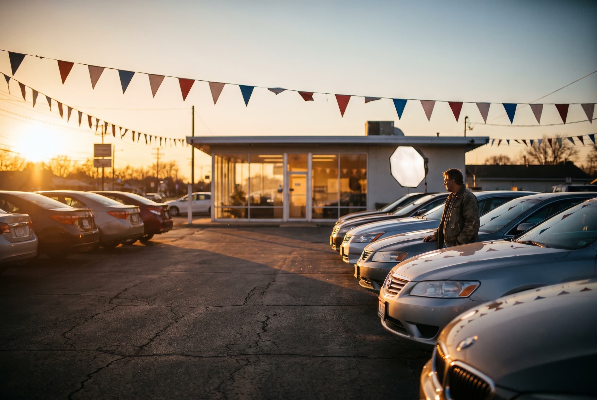 A used-car dealership lot at golden hour somewhere in suburban America, shot from the edge of the lot looking across rows of