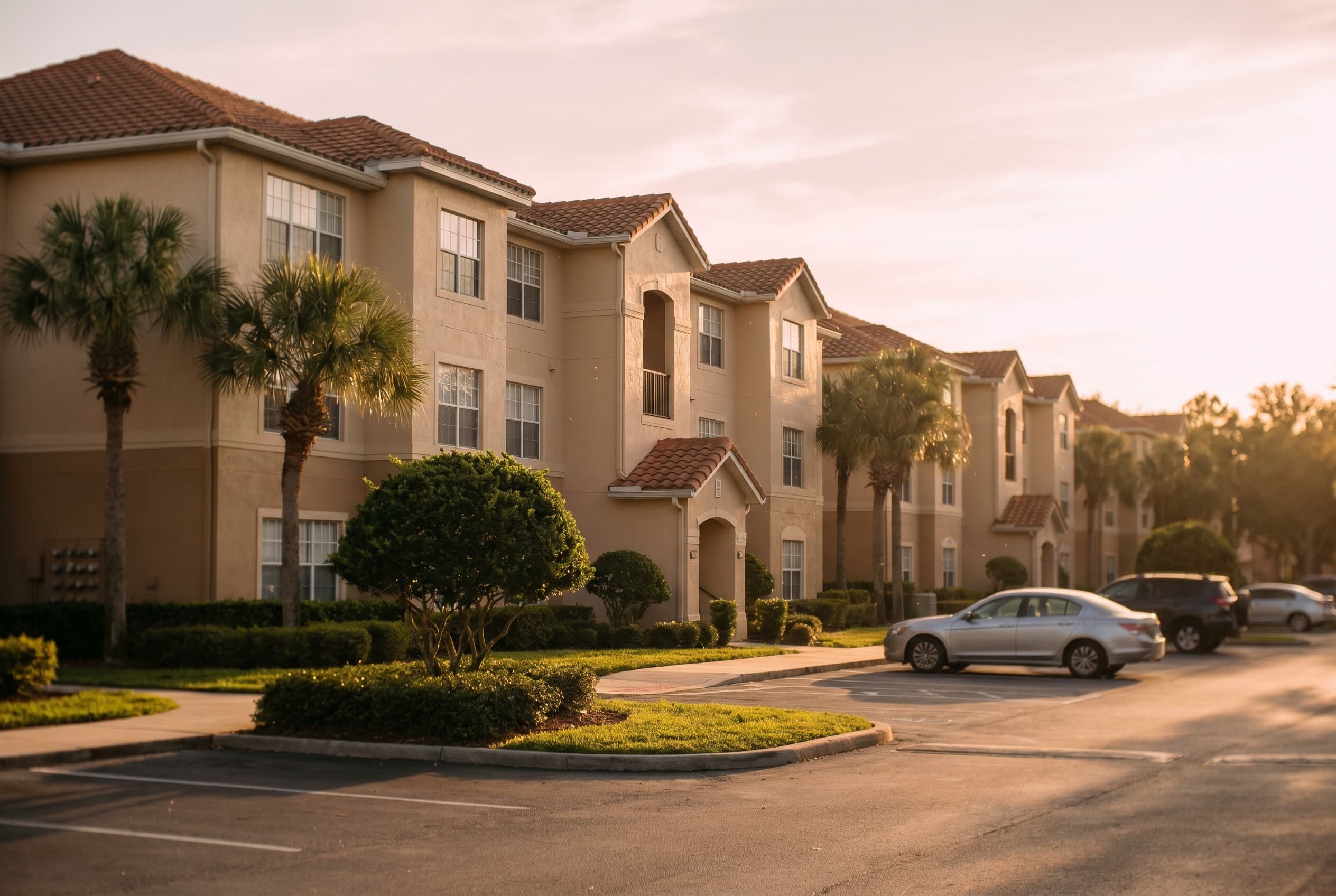 A quiet MetroWest apartment complex in Orlando at golden hour, shot from the parking lot looking toward a row of beige three-