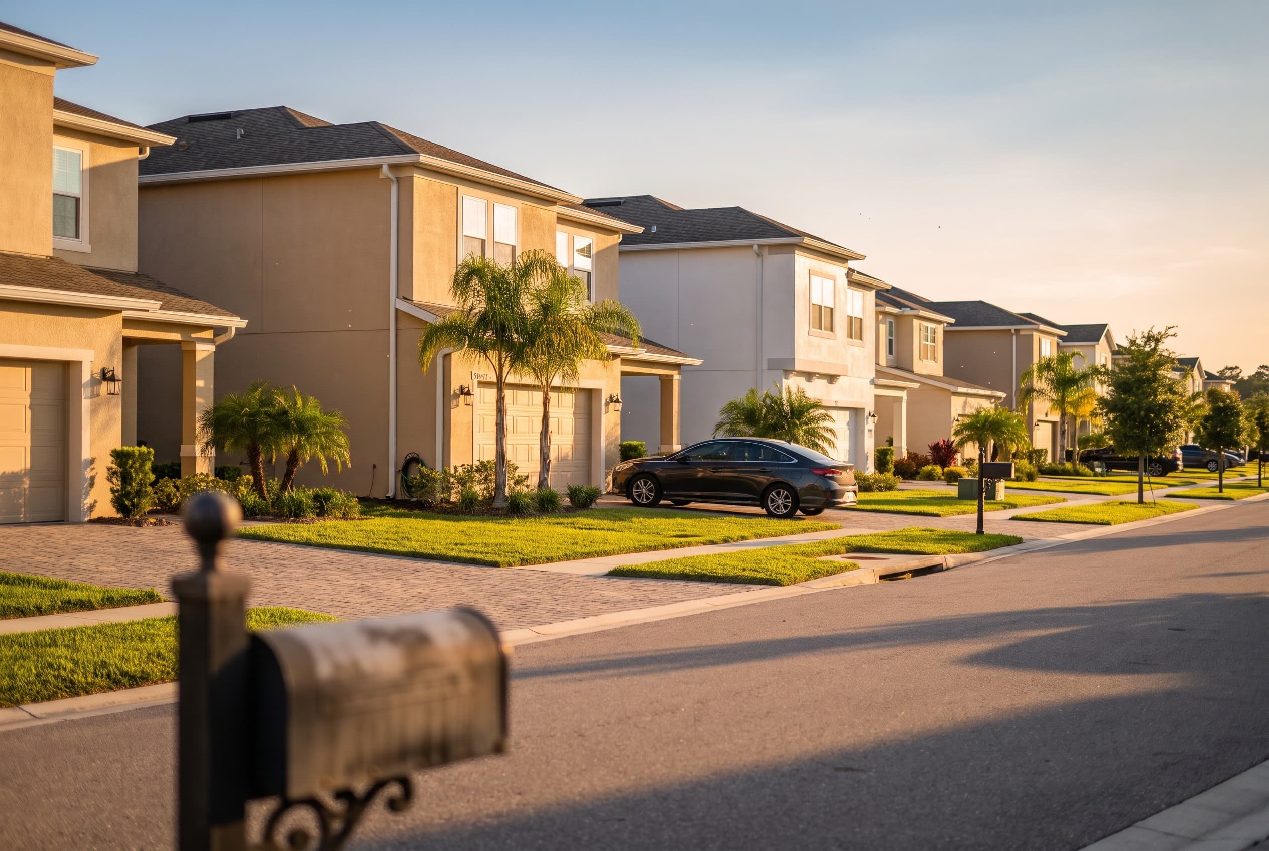 A quiet Lake Nona street scene in Orlando at golden hour, showing a row of modern beige and white Florida homes with manicure