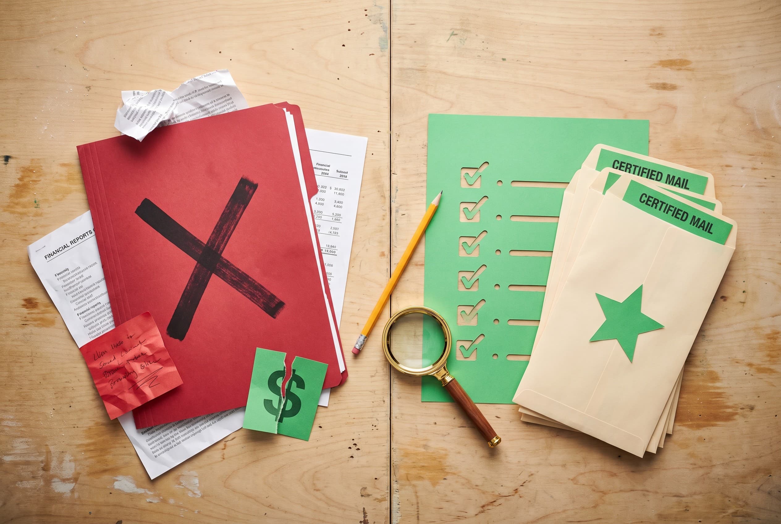 Top-down flat-lay photo on a light wood table splitting the frame into two piles. On the left, a red folder stamped with a bo
