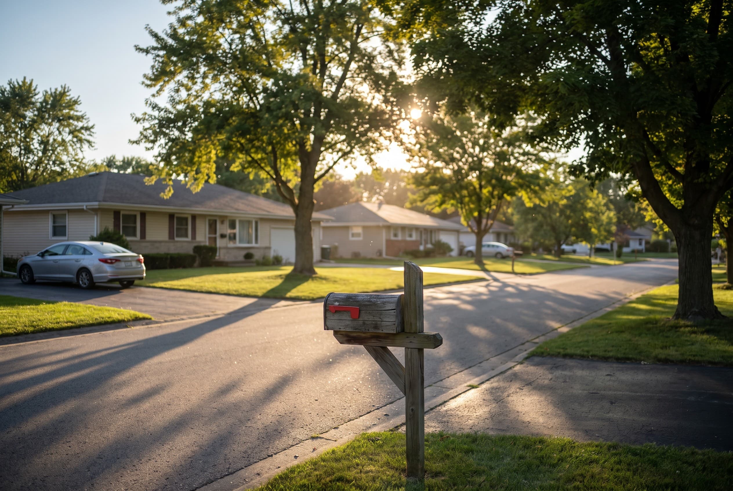 A quiet American suburban street at golden hour, lined with maple trees and single-story homes with tidy lawns and driveways.