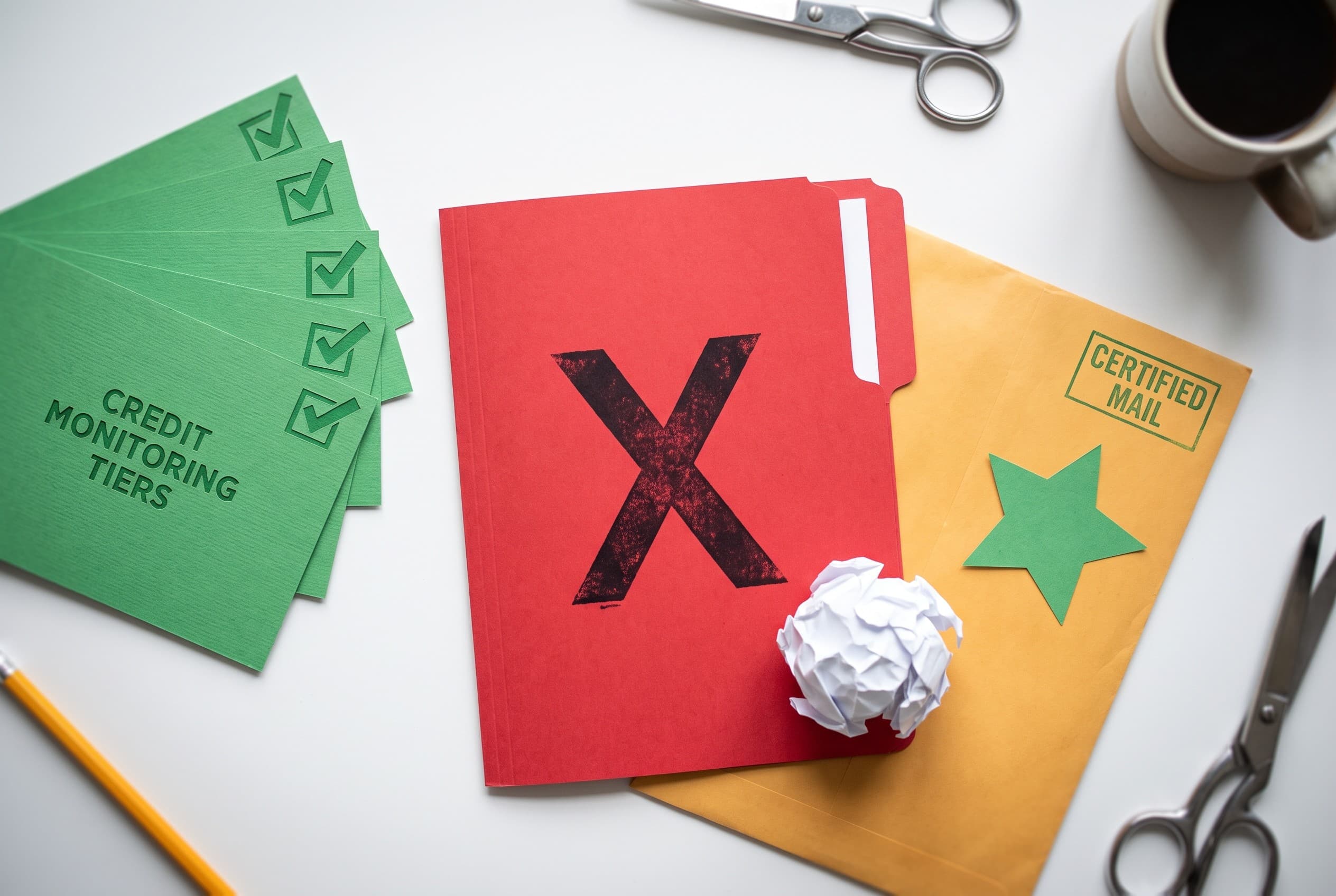 Top-down flat-lay photo on a clean white desk showing a credit repair comparison laid out as physical paper cutouts. On the l