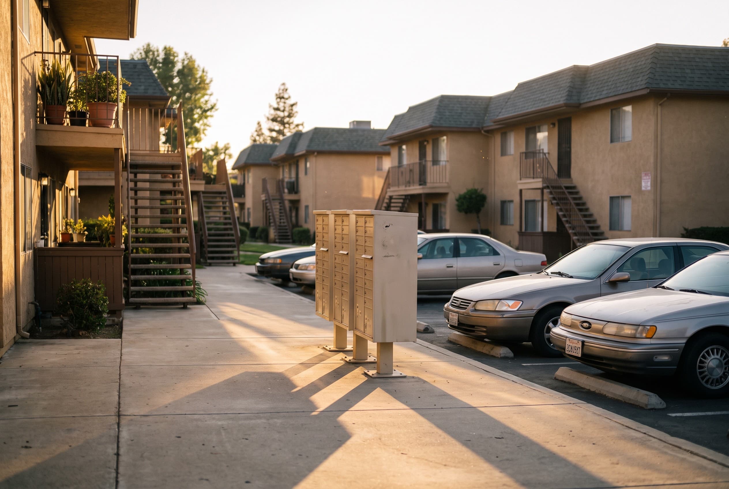 A quiet American suburban apartment complex walkway at golden hour, no people in frame. Rows of two-story tan buildings with