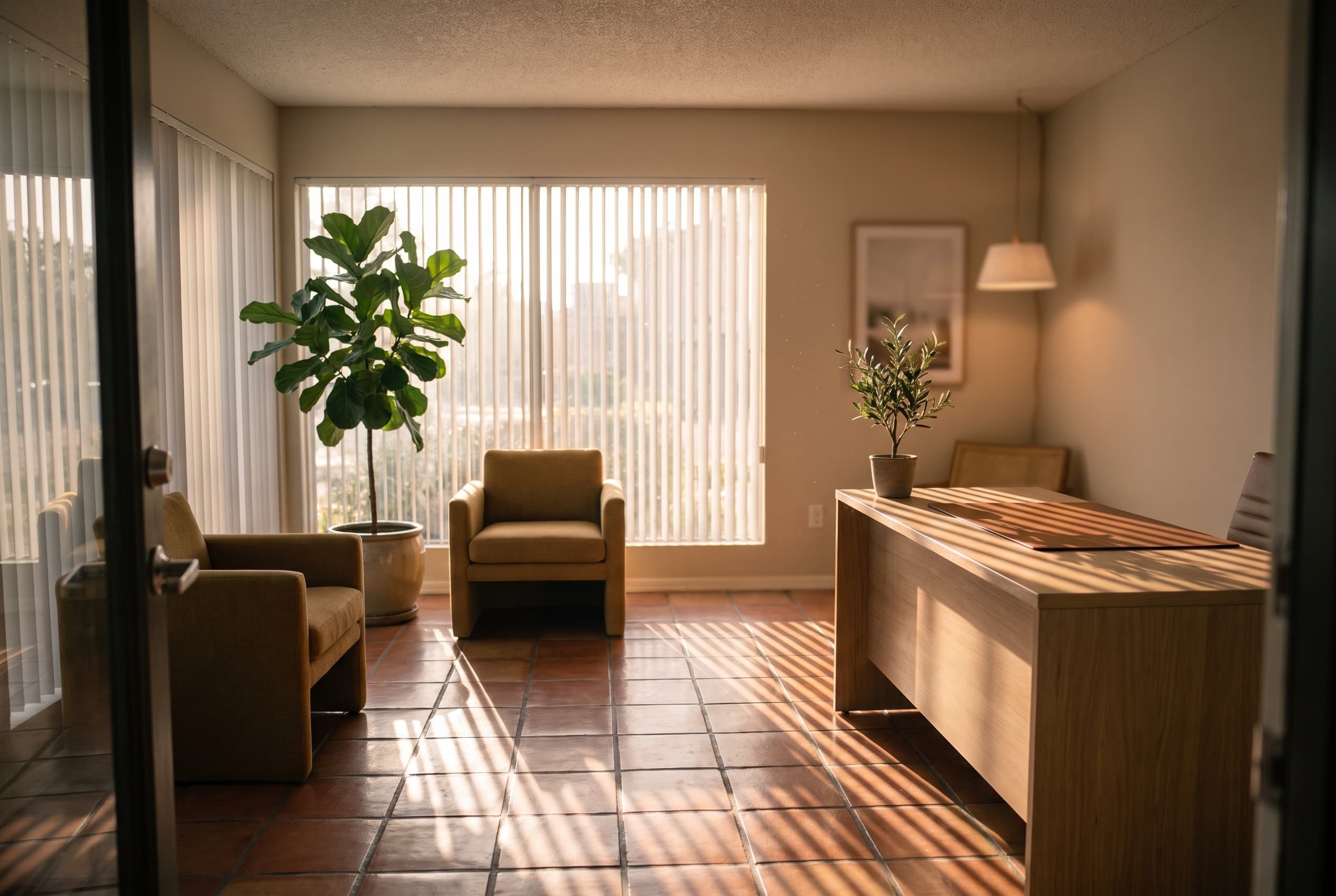 An empty apartment leasing office interior at golden hour, shot from the doorway — a clean front desk, two waiting chairs, a
