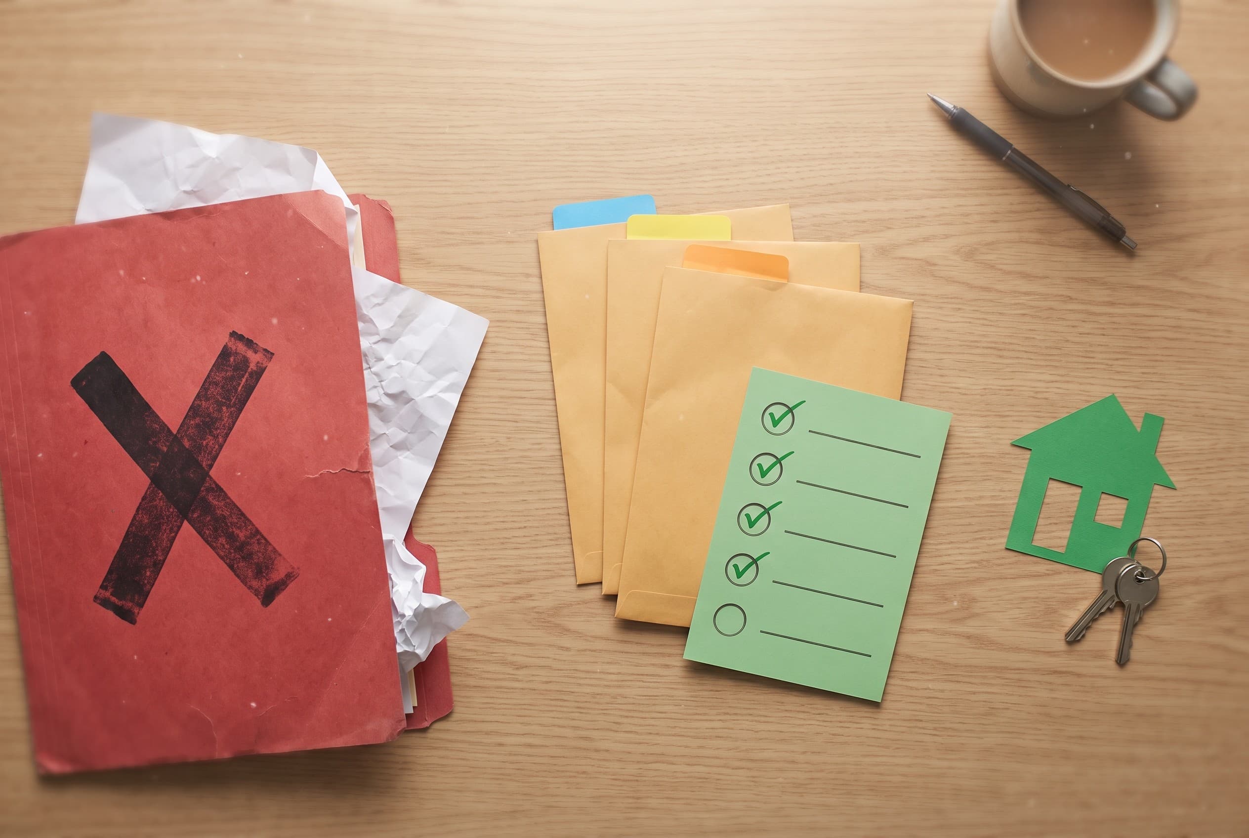 Top-down flat-lay photo on a clean light wood table showing a credit-repair concept. On the left, a red folder with a bold st