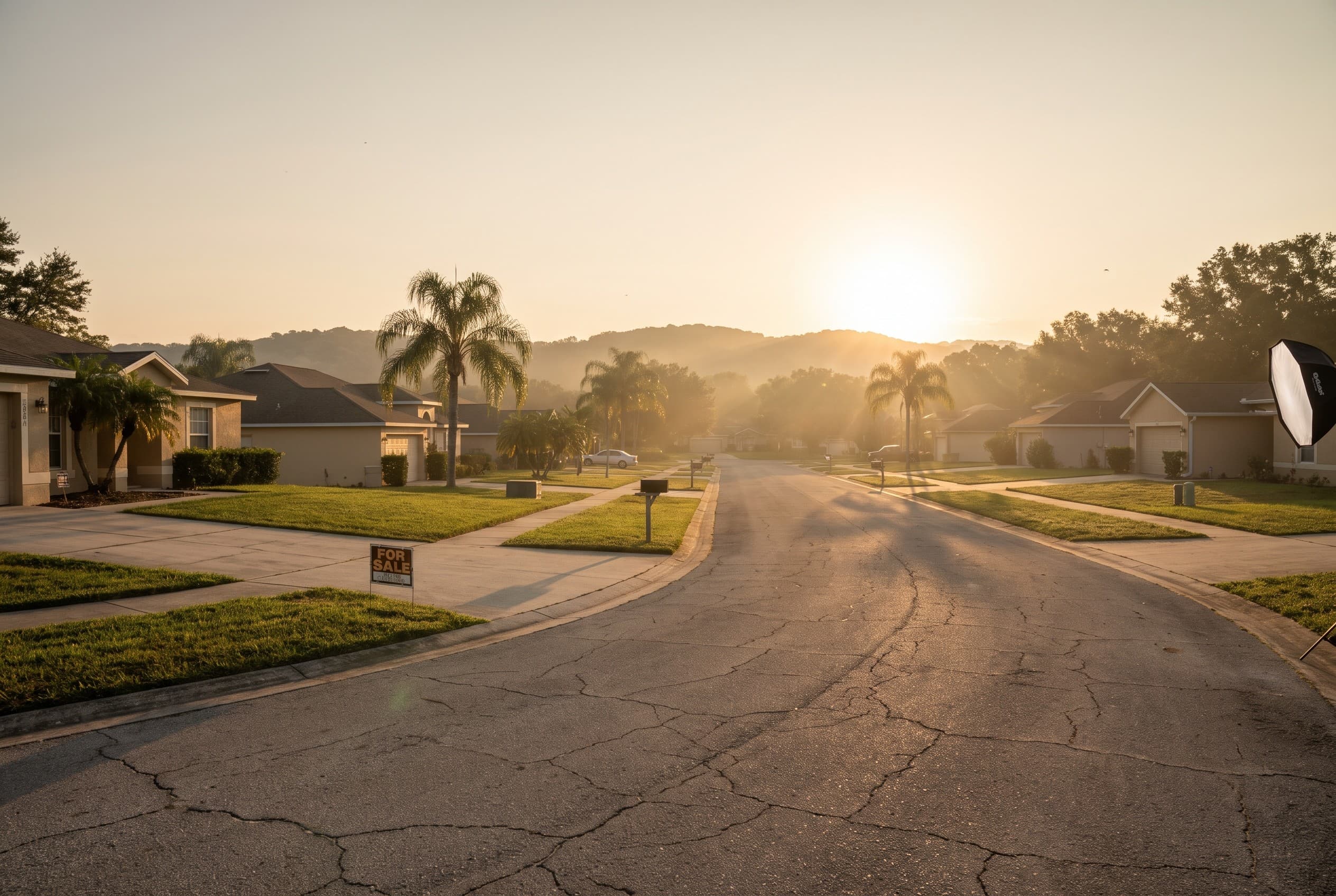 A wide atmospheric shot of a quiet residential street in Clermont, Florida at golden hour — modest single-story homes with ti