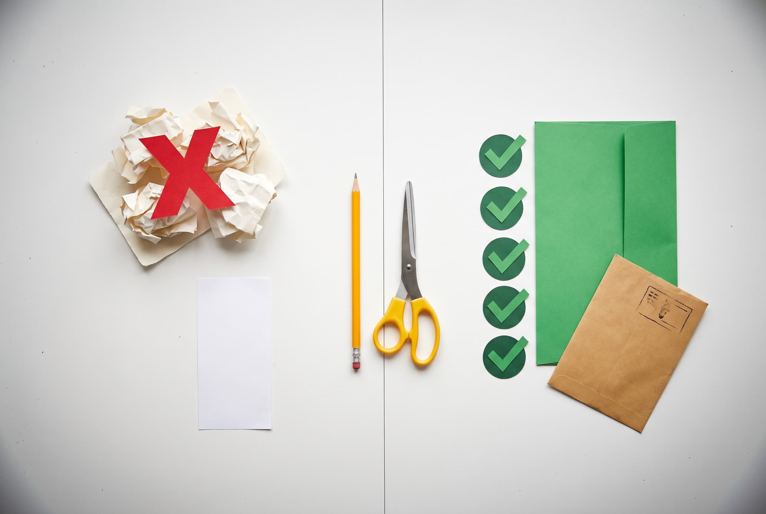 Top-down flat-lay on a clean white desk comparing two paths: on the left, a small stack of crumpled papers with a red paper X