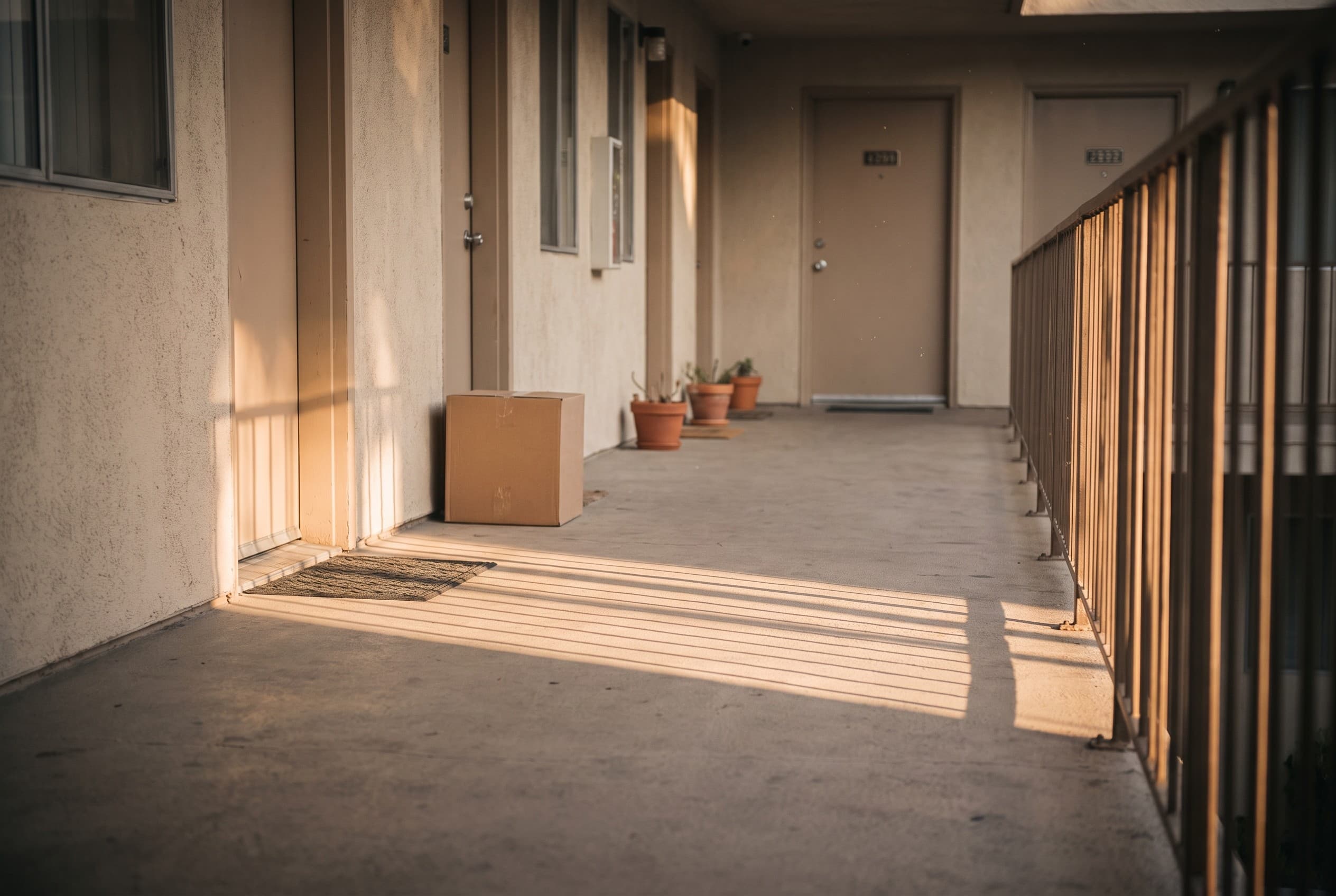 An empty apartment complex walkway at golden hour, shot at eye level looking down a row of identical unit doors with numbered