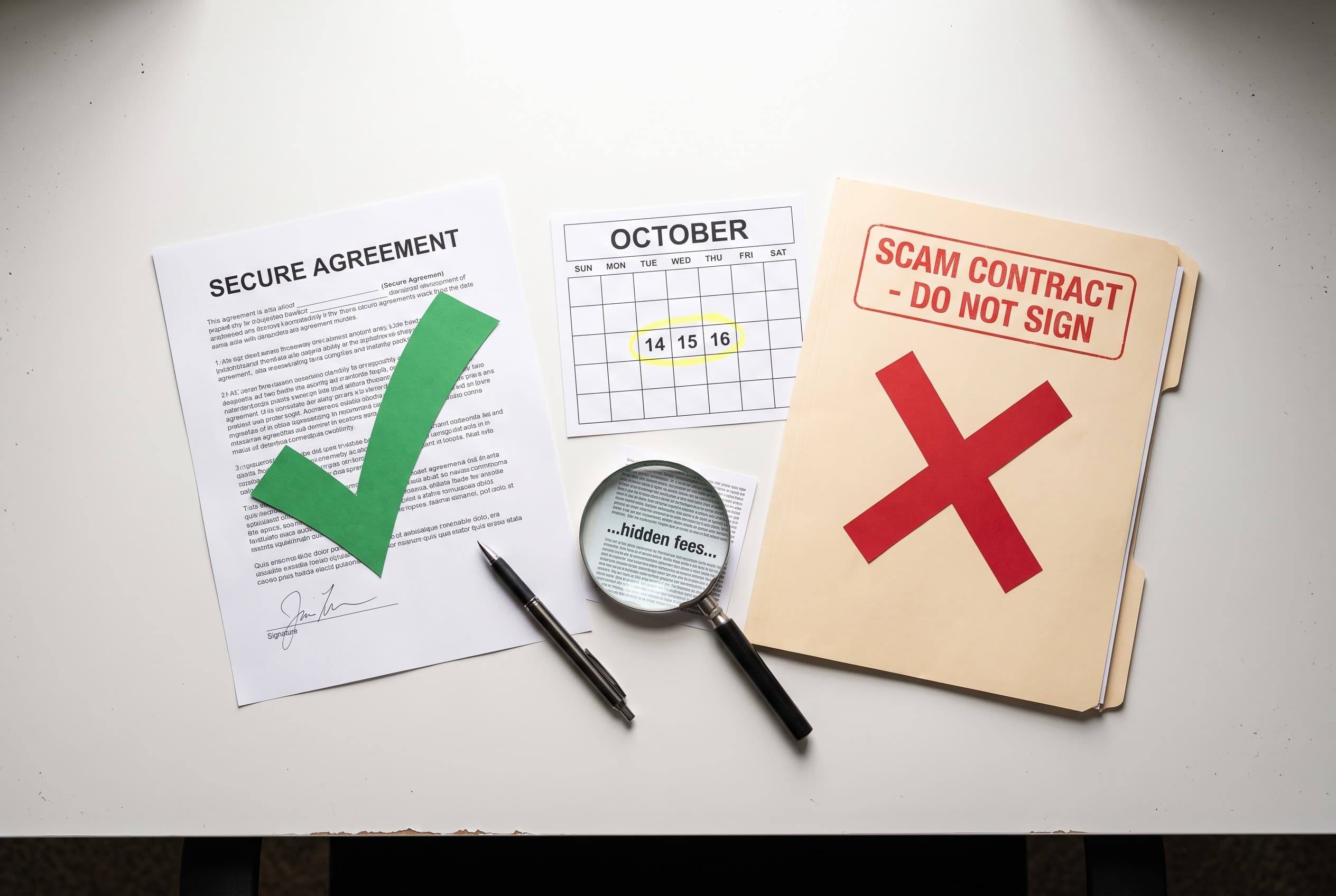 Top-down flat-lay photo on a clean white desk showing a printed contract on the left with a bold green checkmark paper cutout