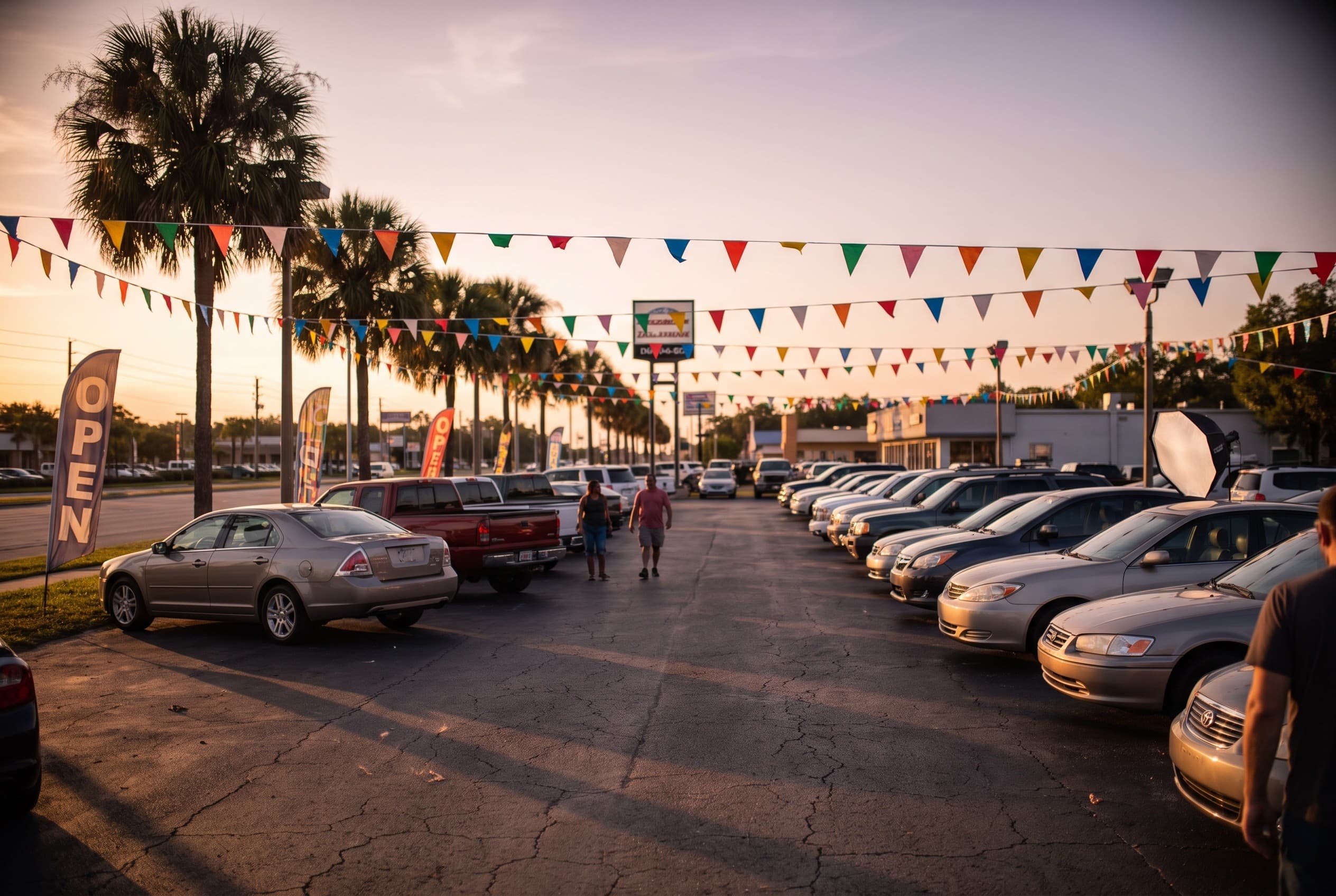 A row of used-car dealerships along a wide Central Florida commercial road at golden hour, colorful triangular flags strung b