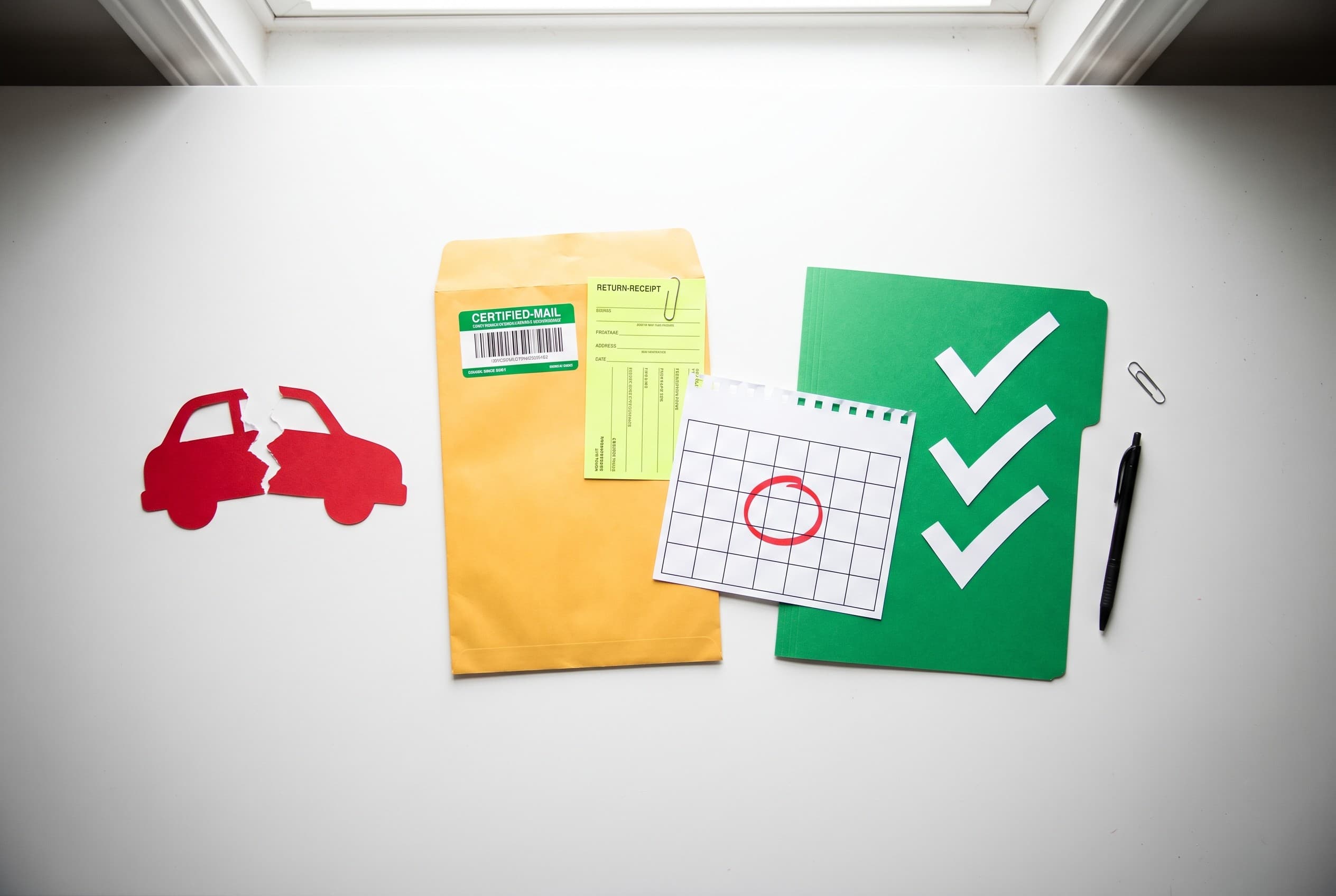 Top-down photo of a clean white desk showing the repo deficiency fight laid out left to right: a red paper cutout of a small