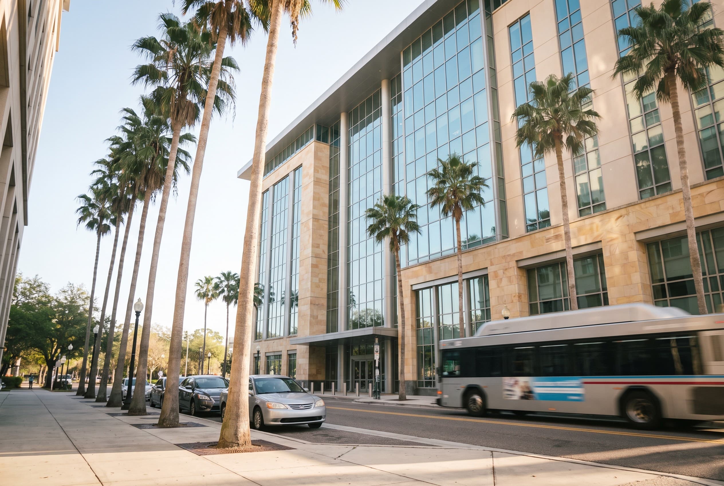 The front of a Central Florida county courthouse in downtown Orlando on a bright, slightly hazy morning, shot from the sidewa