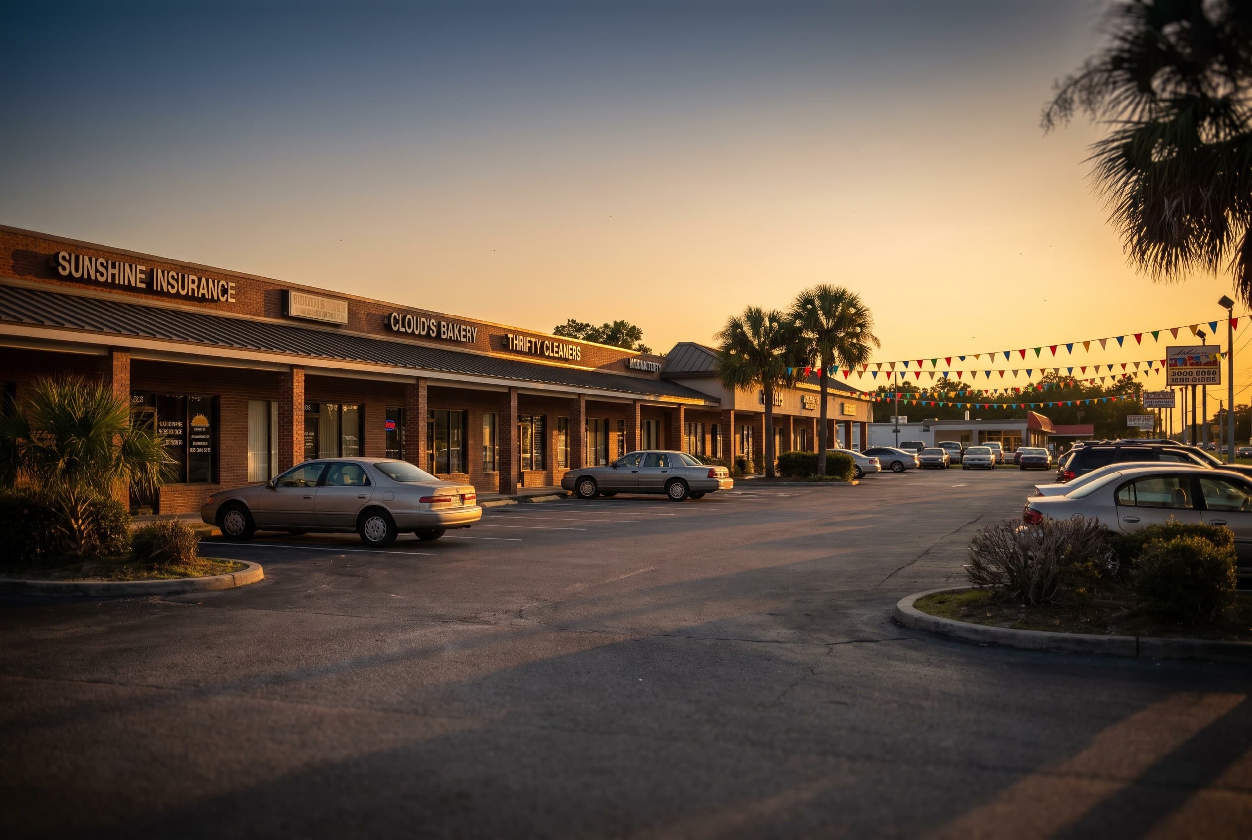 A quiet strip-mall storefront corridor in St. Cloud, Florida at golden hour, shot from the parking lot looking across at a ro