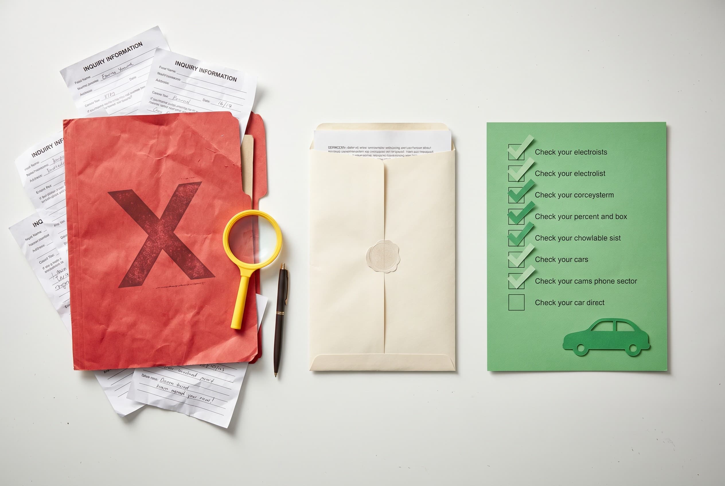 Top-down flat-lay on a clean white desk: on the left, a crumpled red folder with a bold stamped X shape, surrounded by scatte