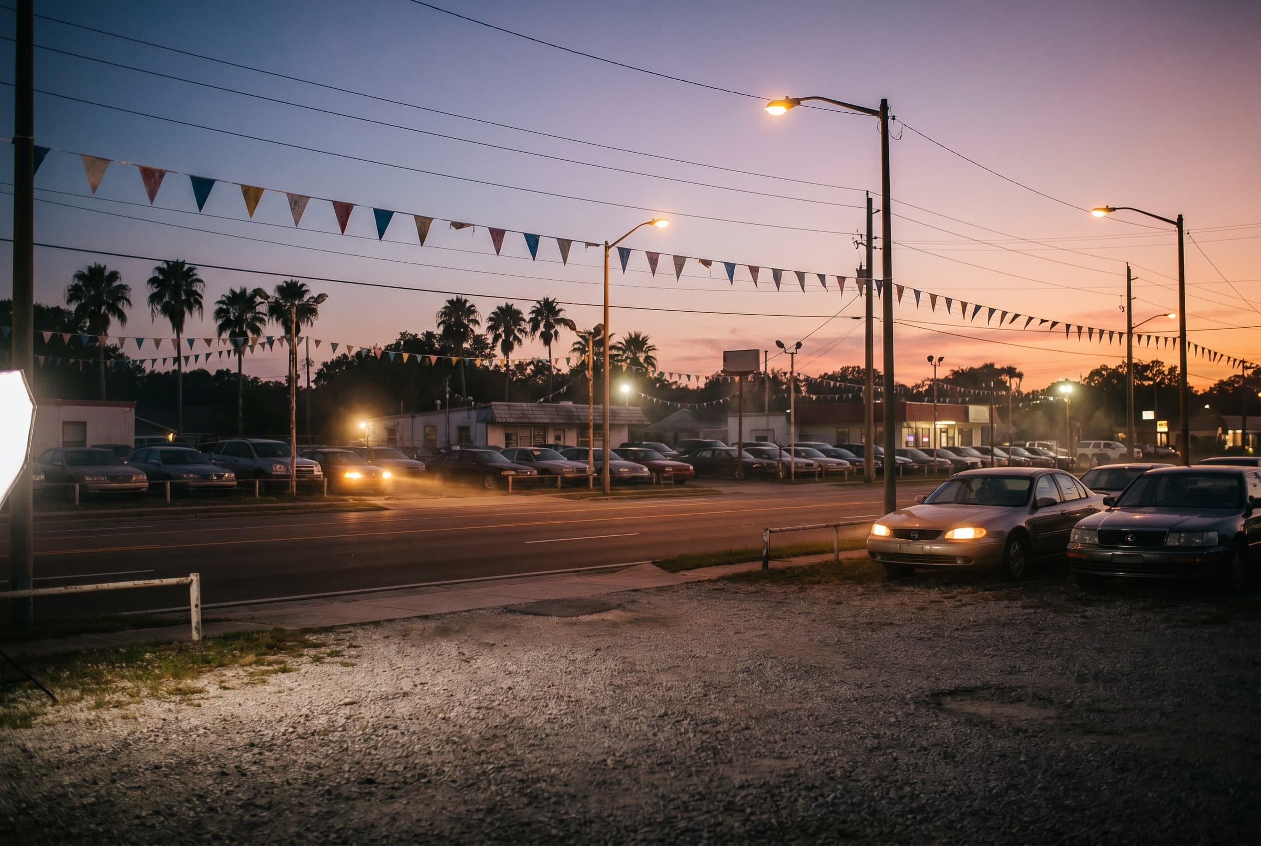 An Orange Blossom Trail used-car corridor in Orlando at dusk, shot from a parking lot looking across the road at a row of sma