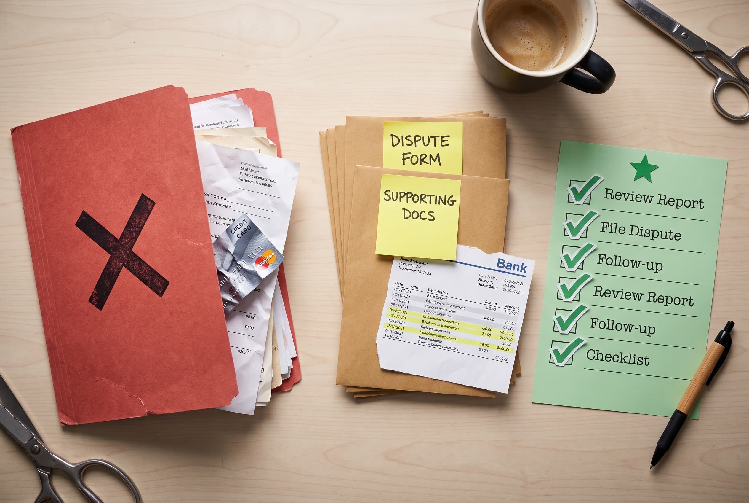 Top-down flat-lay photo on a clean light wood desk explaining a credit dispute process. On the left, a red folder stamped wit