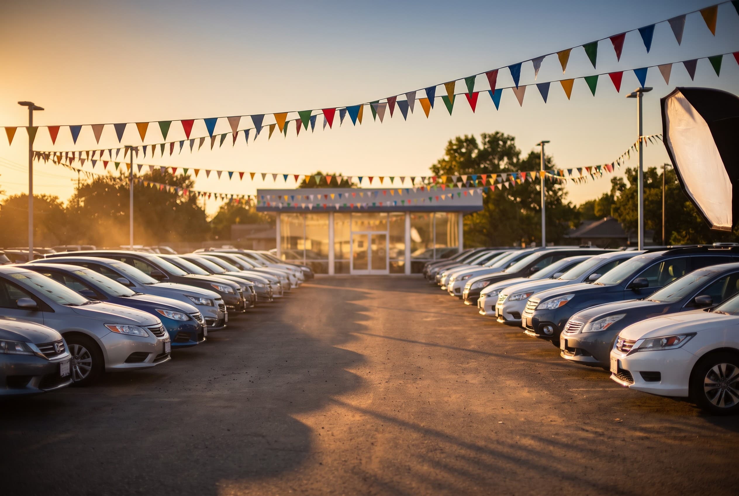 A used-car dealership lot at golden hour, shot from the edge of the lot looking across rows of clean parked sedans and SUVs.
