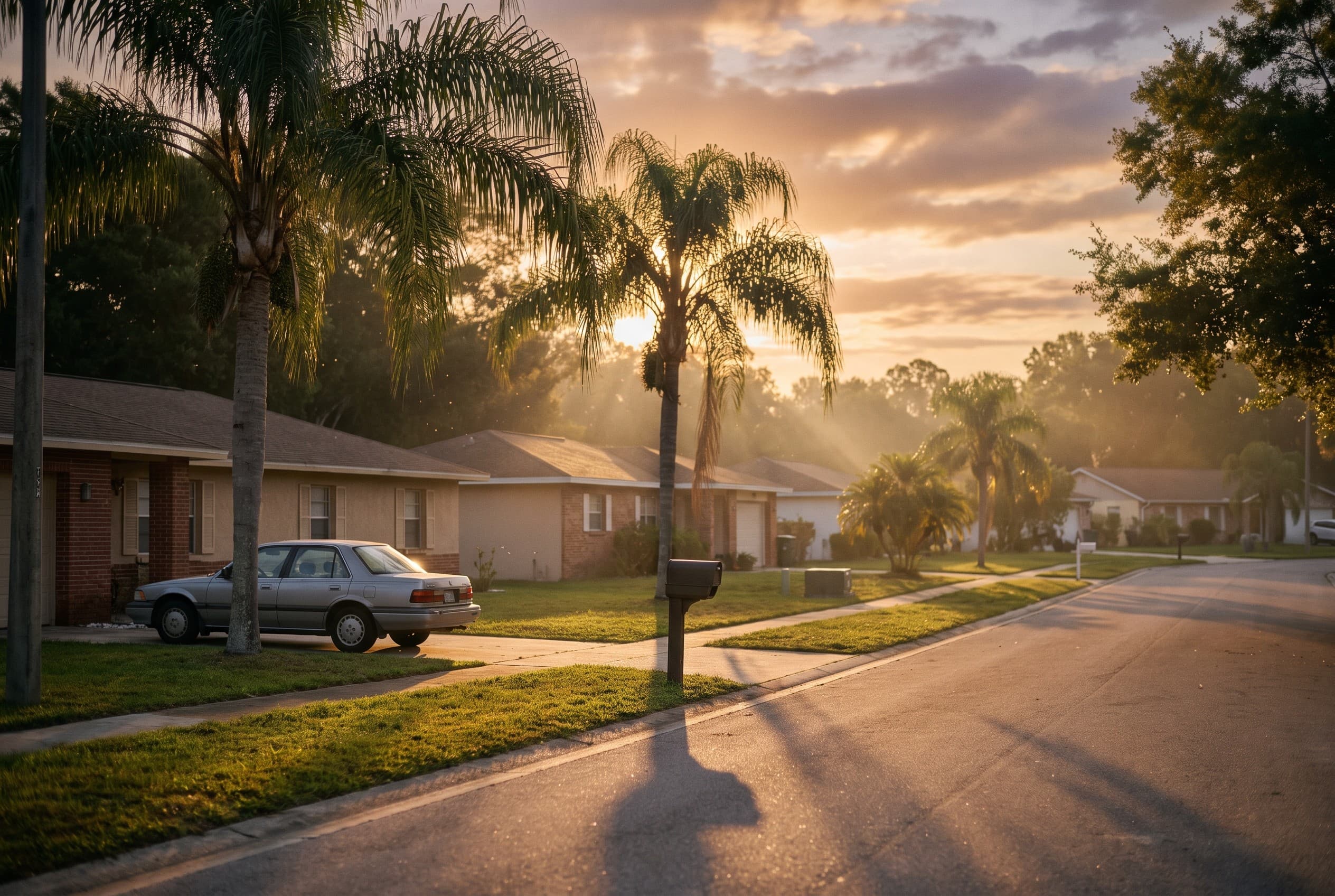 A quiet residential street in Apopka, Florida at golden hour, lined with modest single-story ranch homes and a few tall palm