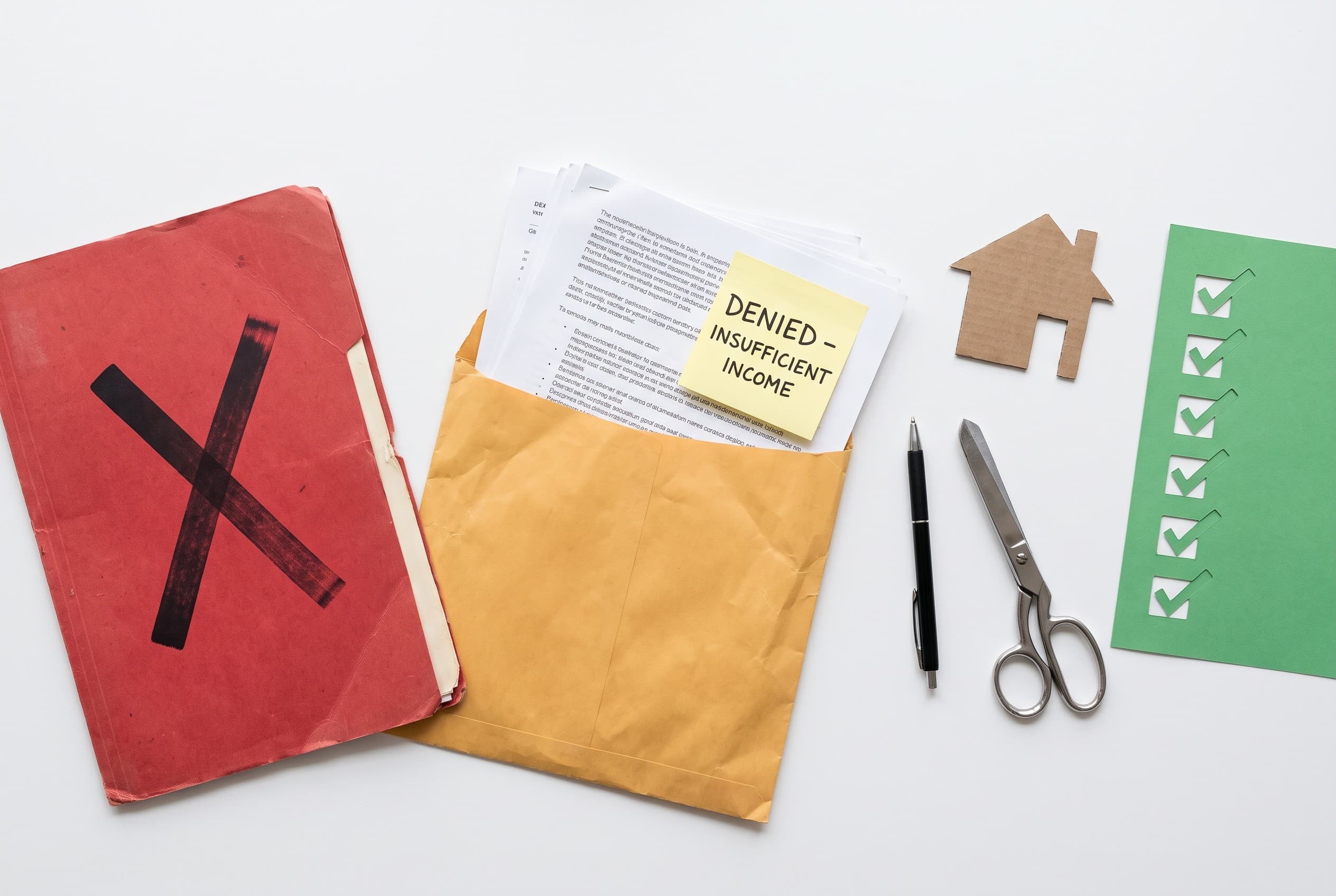 Top-down flat-lay photo on a clean white desk showing the rental denial process as physical props: a red folder on the left s