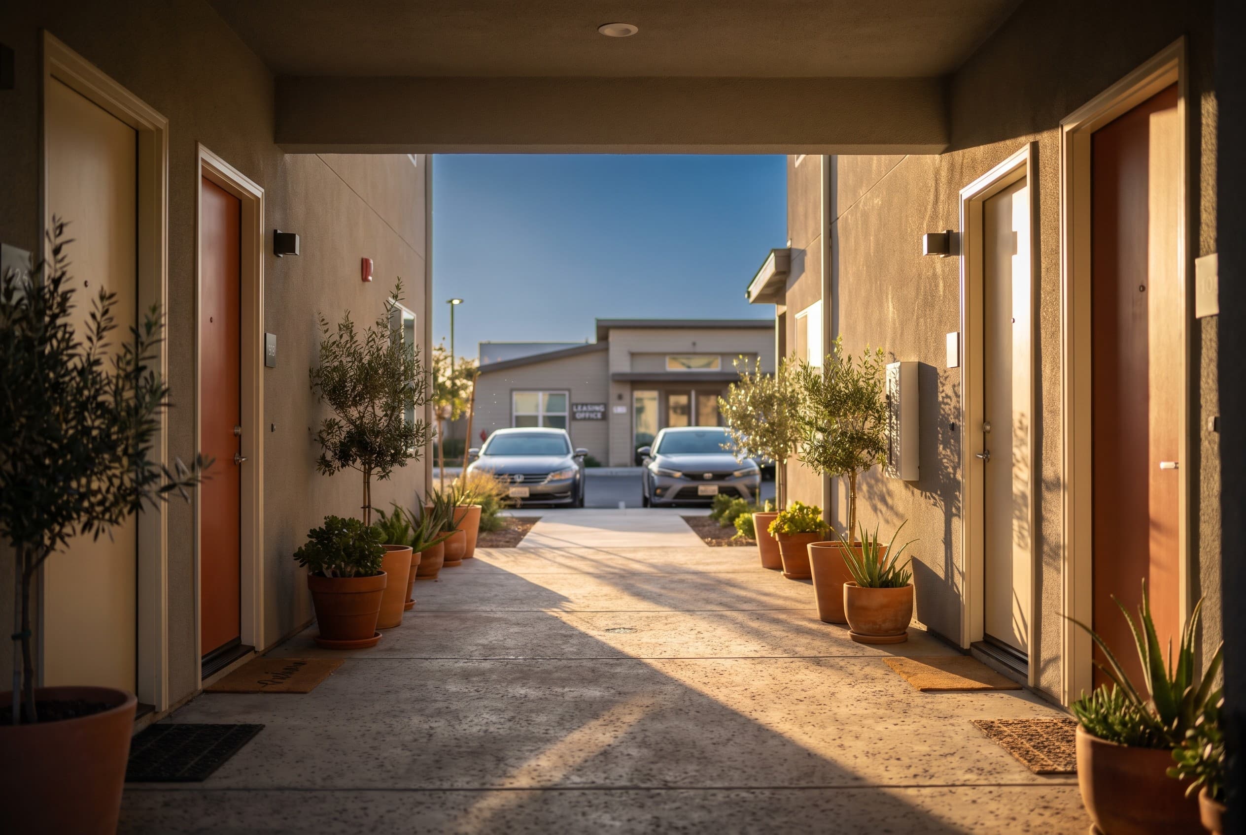 A modern suburban apartment complex walkway at golden hour, shot at eye level looking down a covered breezeway lined with tid