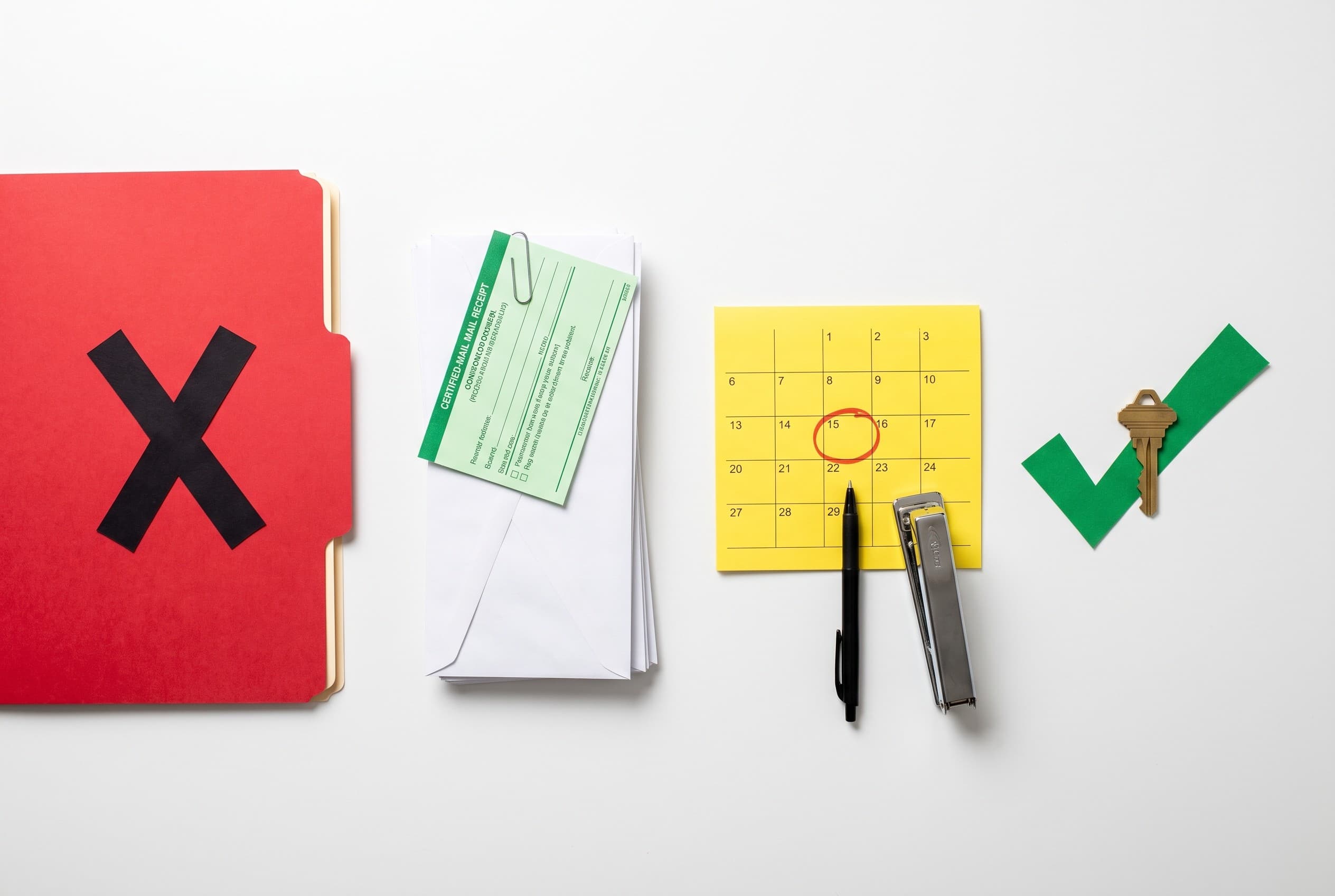 Top-down photo of a clean white desk arranged left to right: a red manila folder stamped with a bold paper-cutout X, a stack