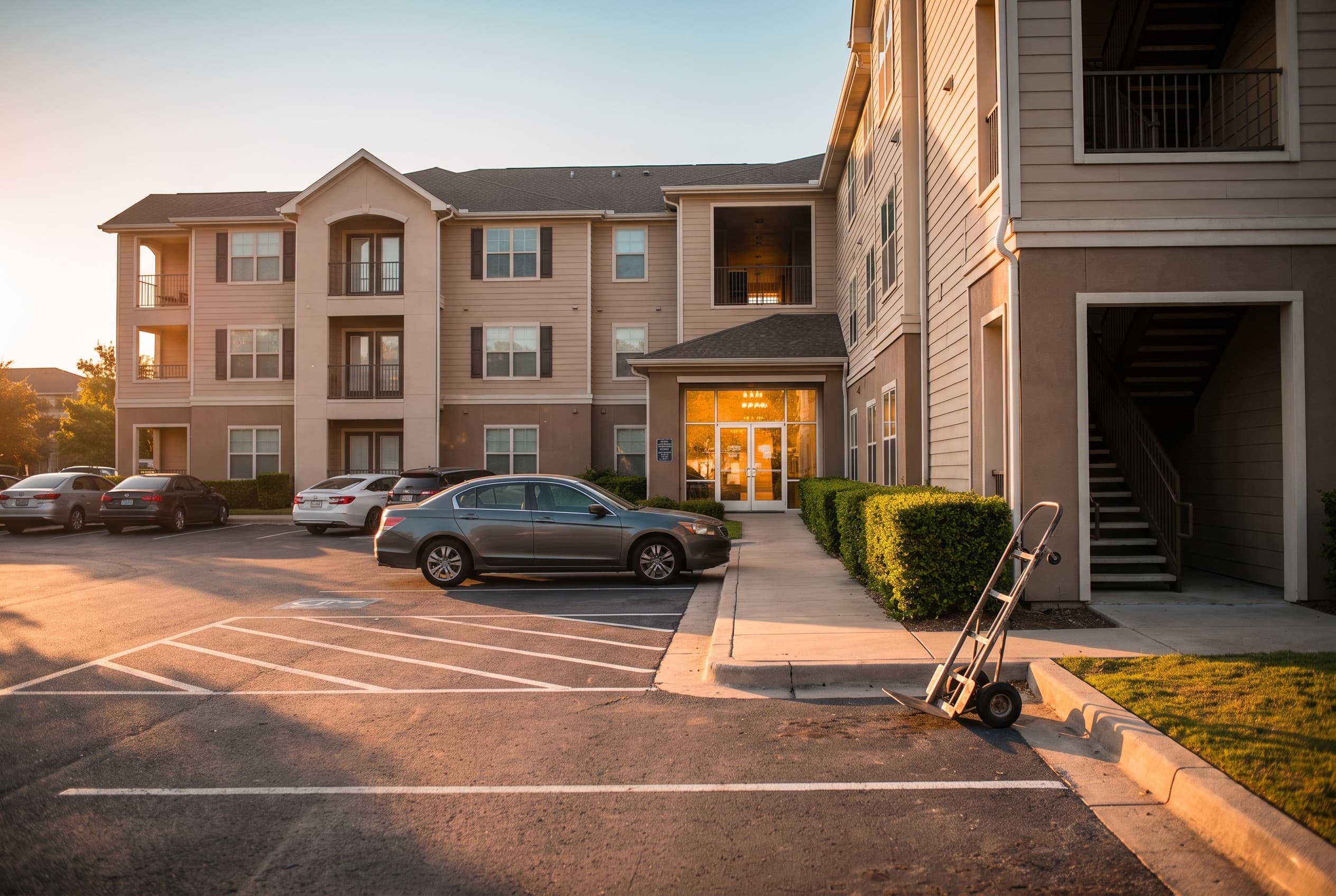 A modern three-story apartment complex at golden hour, shot from the parking lot looking toward a breezeway entrance with a l
