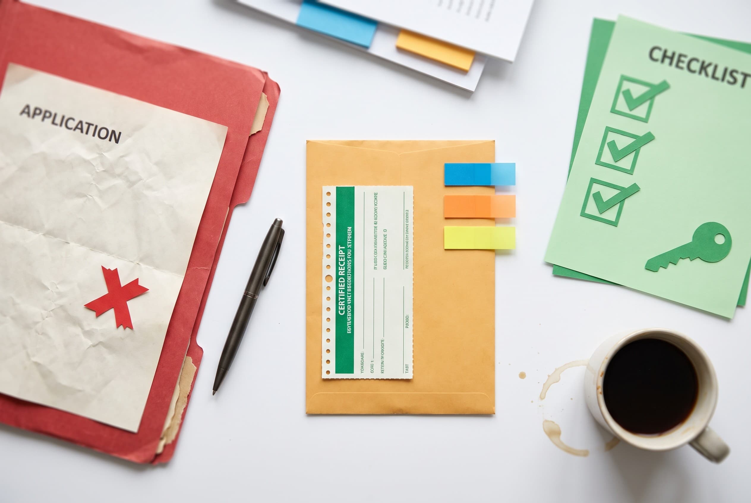 Top-down flat-lay on a clean white desk showing the rental-denial-to-approval path. On the left, a red folder with a crumpled