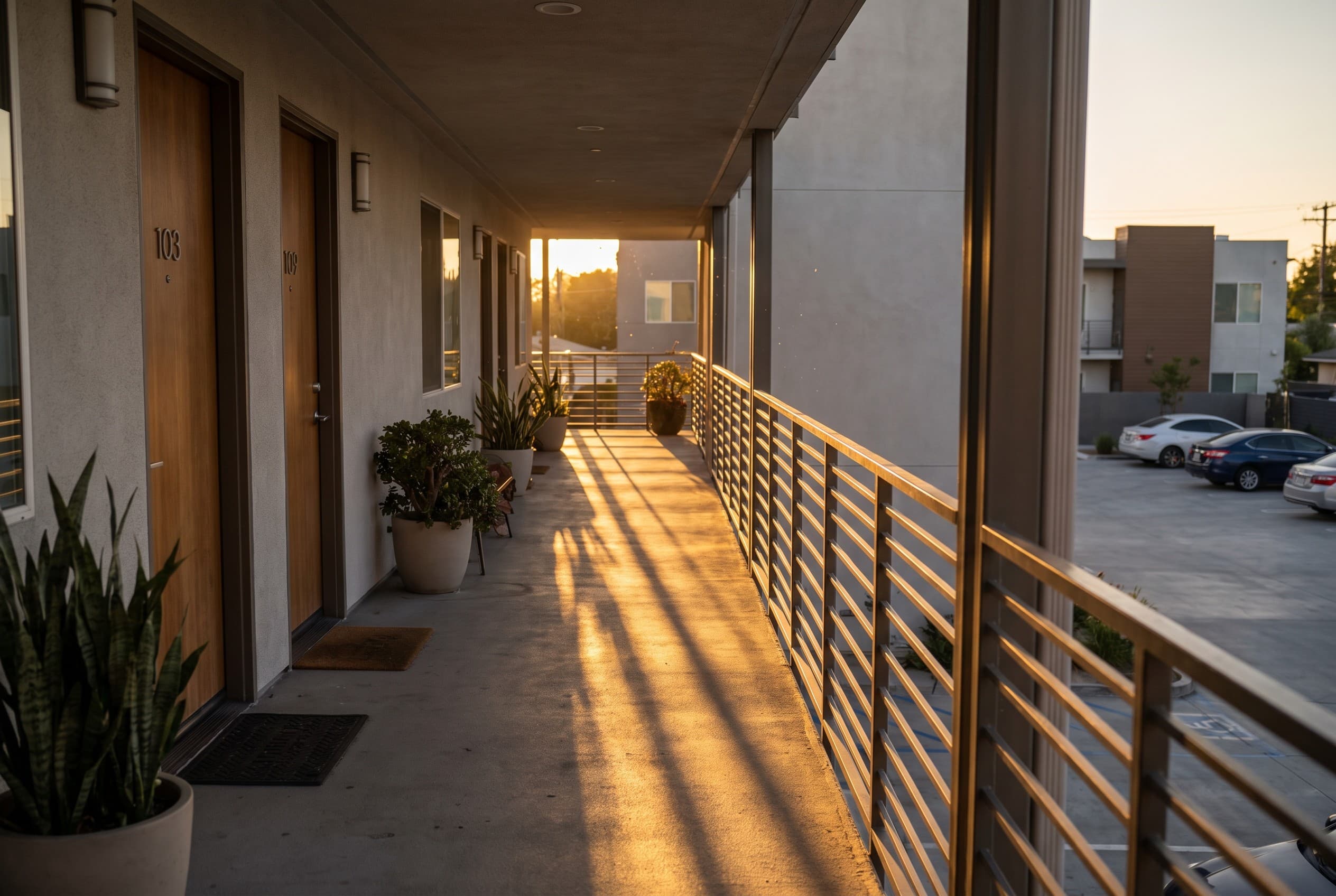 The exterior walkway of a modern mid-rise apartment complex at golden hour, shot at eye level looking down a breezeway lined