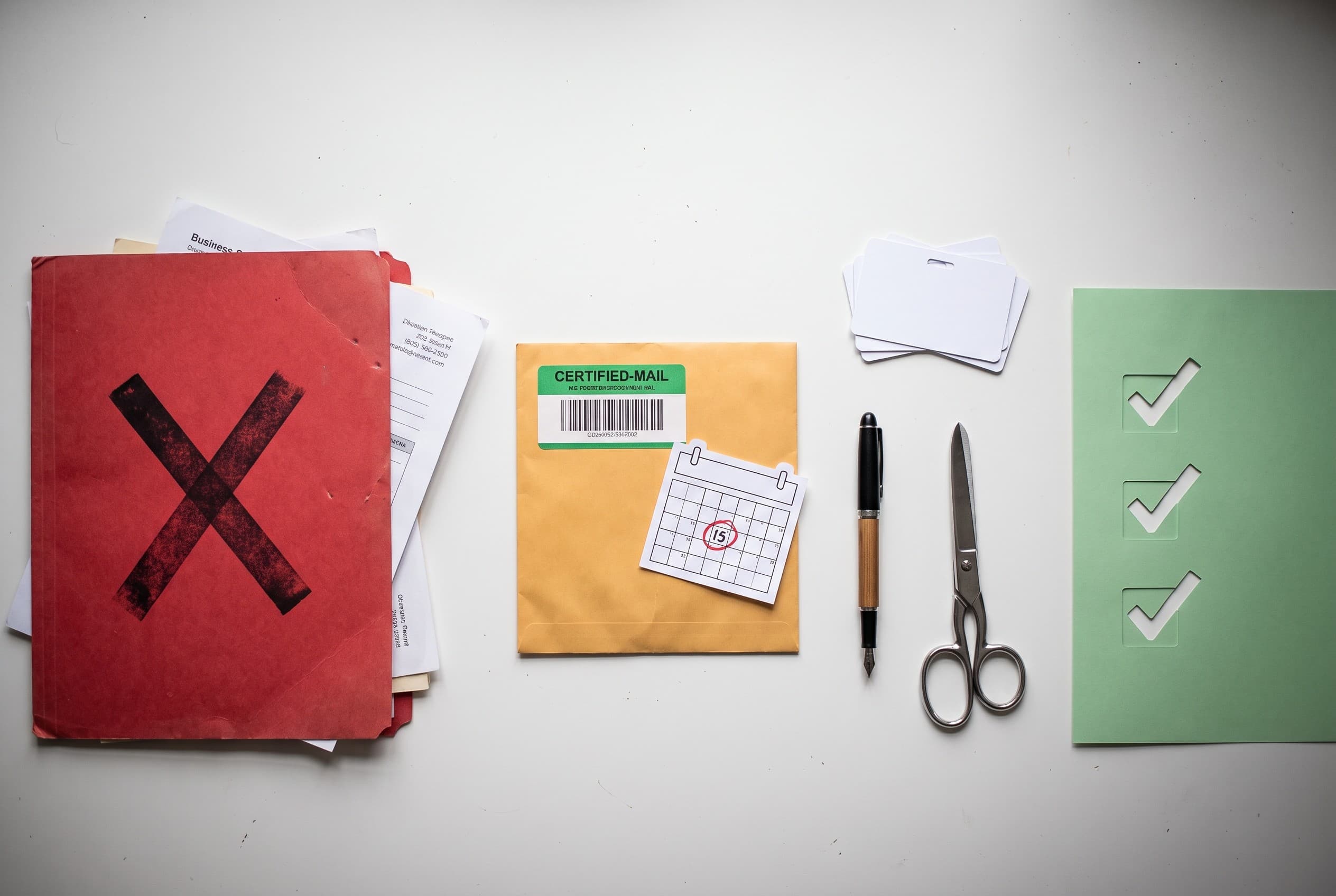 Top-down flat-lay photo on a clean white desk showing the anatomy of a credit dispute. On the left, a red folder stamped with