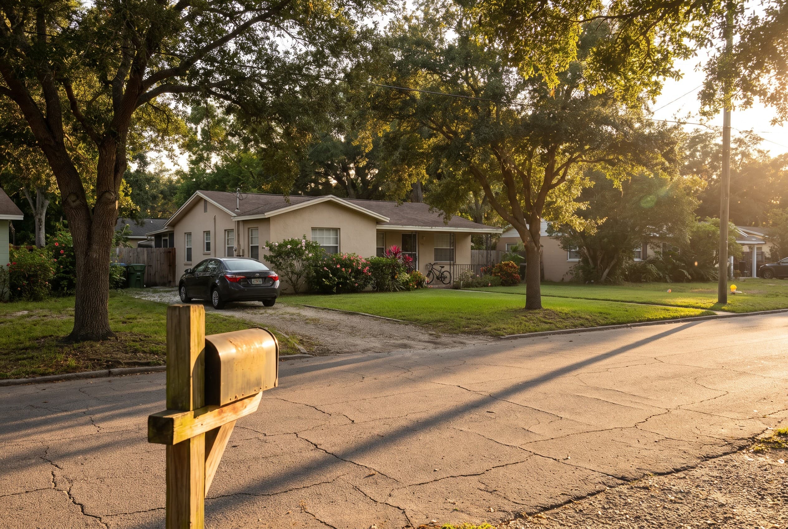 A quiet residential street in the Conway neighborhood of Orlando at golden hour, lined with mature oak trees and modest singl