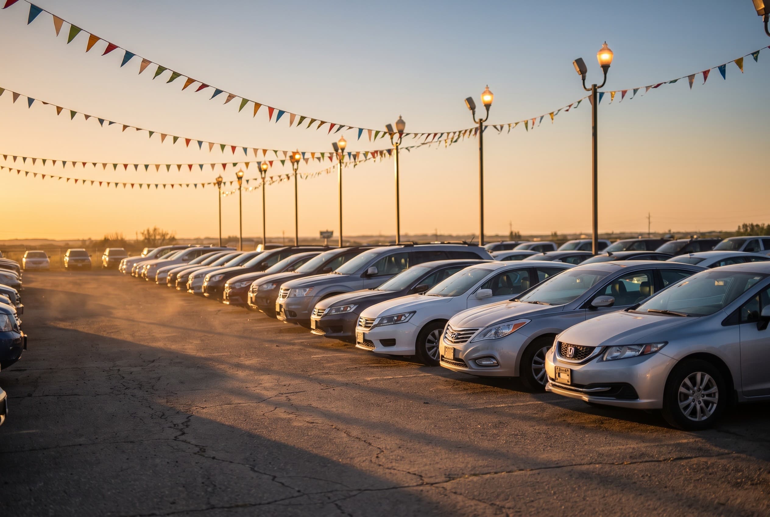 A used-car dealership lot at golden hour, shot from the edge of the lot looking across rows of clean sedans and SUVs. Small c