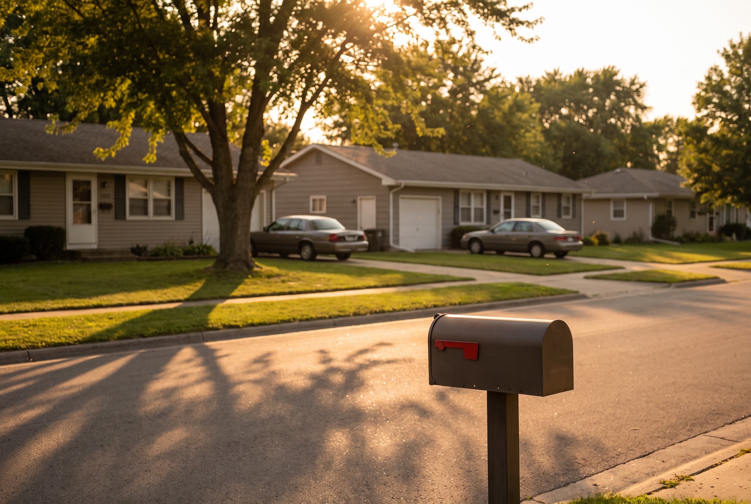A quiet suburban American street at golden hour, a row of modest single-story homes with well-kept lawns and a couple of park