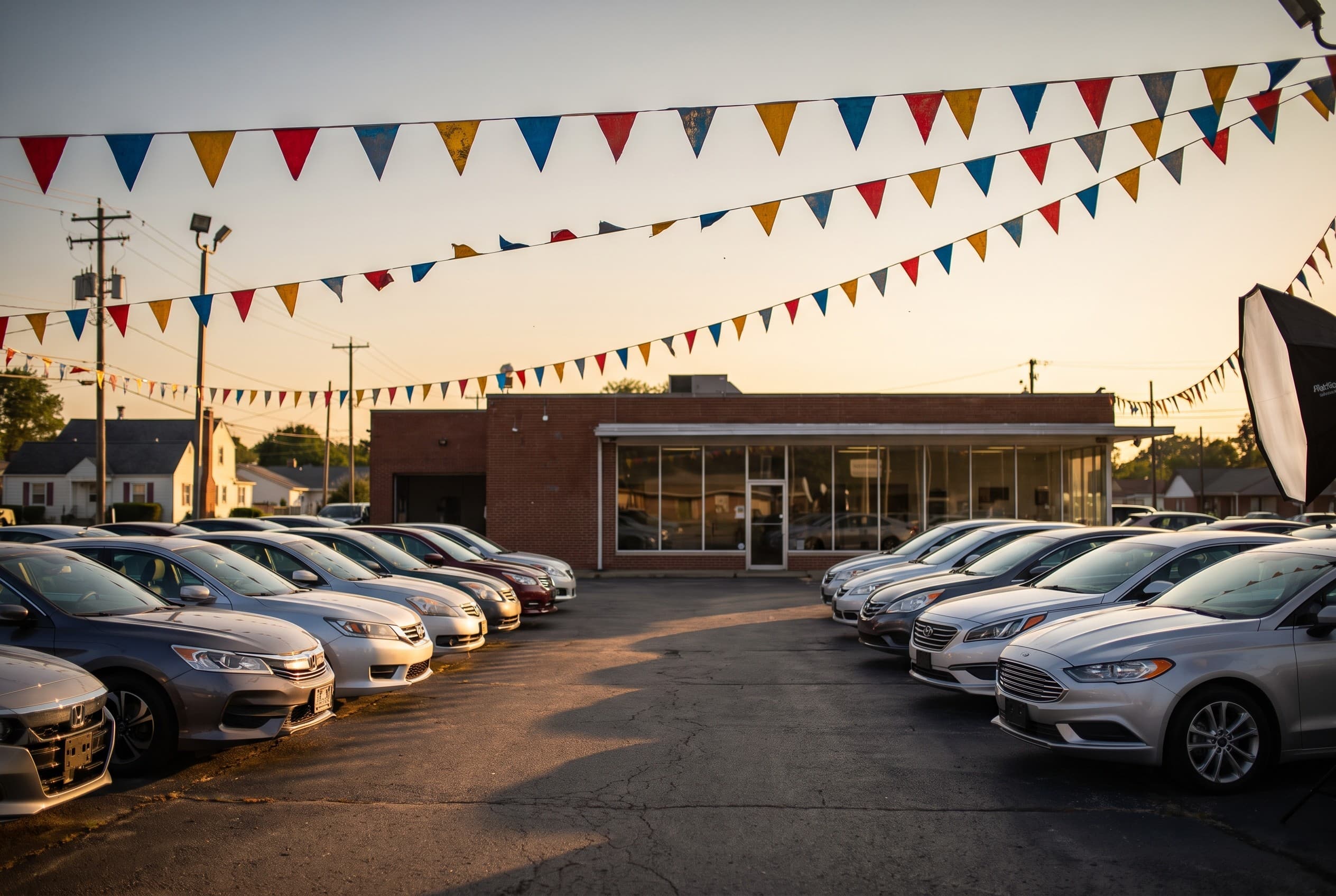 A used-car dealership lot in an everyday American suburb at golden hour, shot from across the lot at eye level. Rows of clean